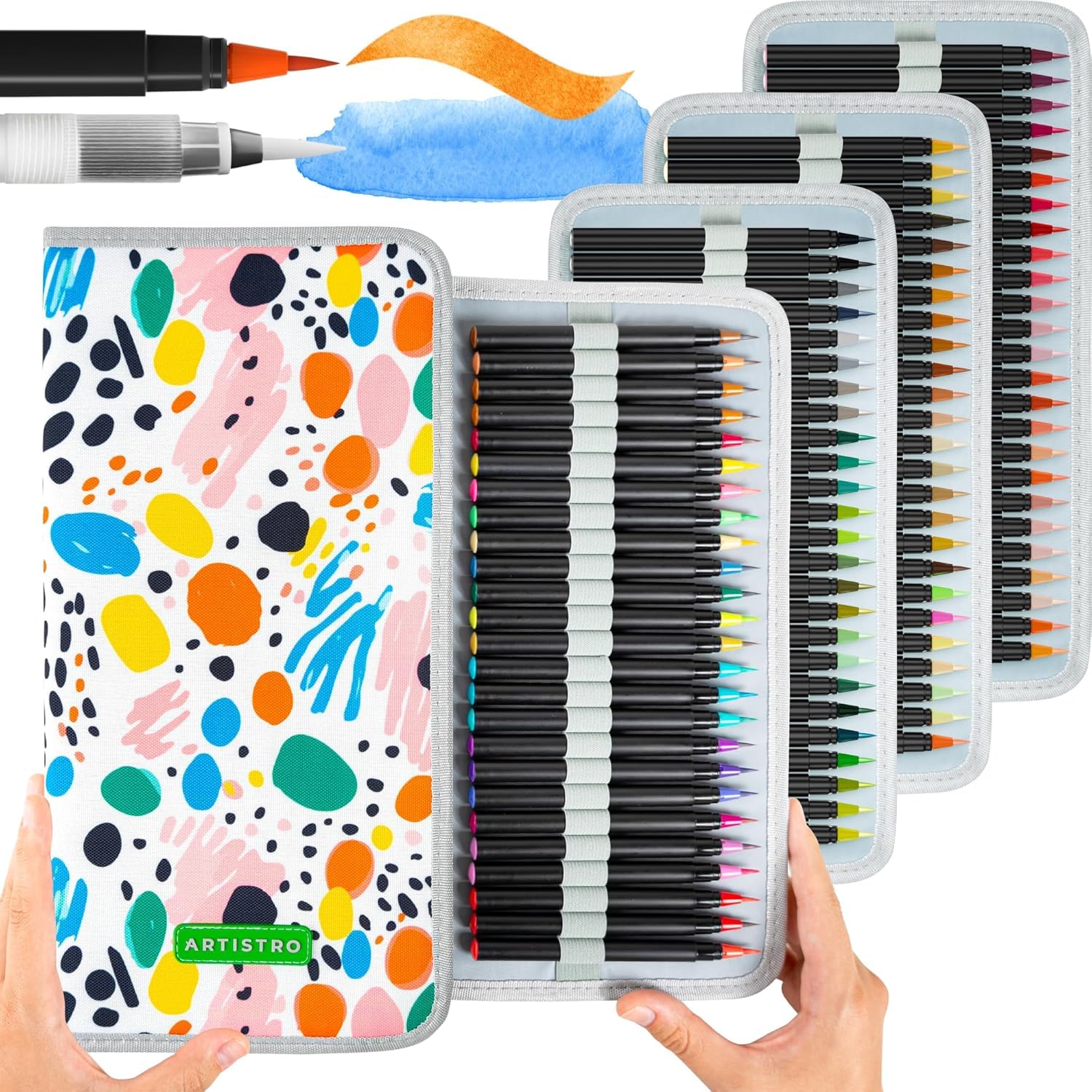 ARTISTRO 100 marcadores de acuarela con pincel, bolígrafo de punta fina, pincel de acuarela y bolsa de tela portátil, consistentes, suaves, lavables, no tóxicos, ideales para colorear, caligrafía y
