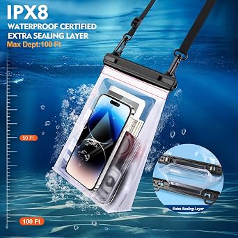PEDVSTY 2 Pack Large Floating Waterproof Phone Pouch [with Sealing Strip], Bundle Float Water Proof Bag for Beach Swimming Vacation, White+Black