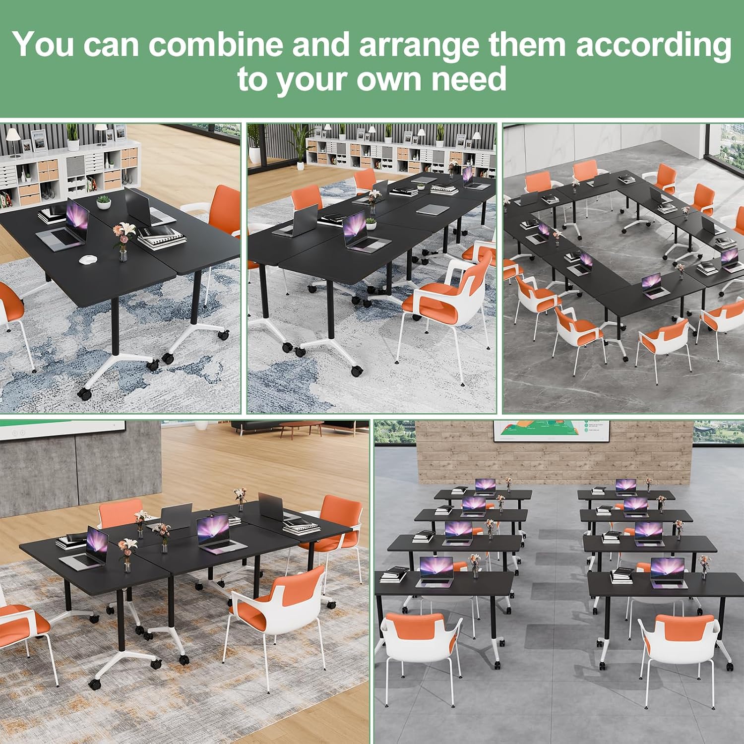 Folding Conference Table with Wheels - Mobile Training Table Rectangular Group Room Tables for Office,Meeting Room,School,Wooden (4, Black A, 63IN)