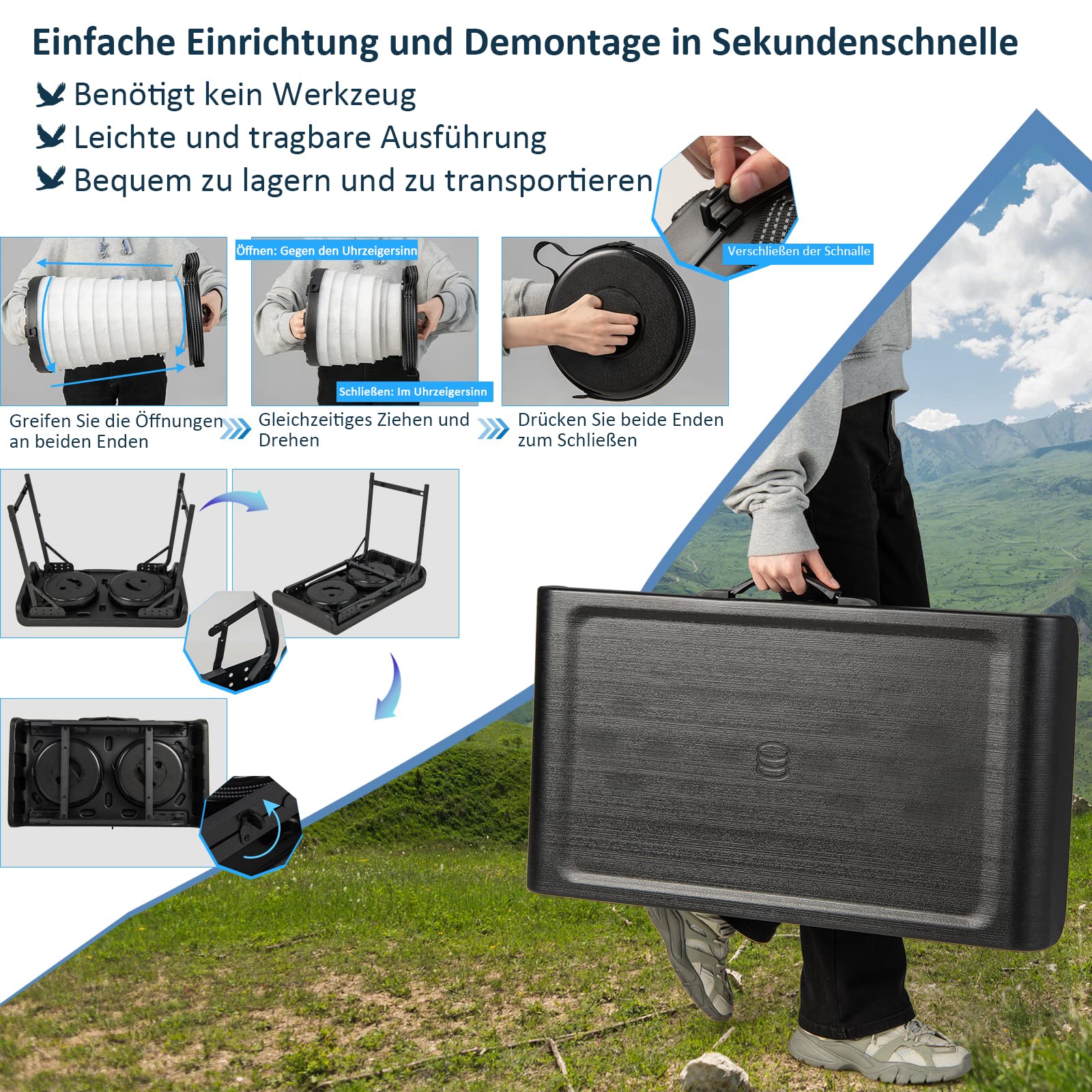 COSTWAY Tragbarer Klapptisch mit 2 LED Teleskophockern, Campingtisch und höhenverstellbarer Hocker, Campinghocker Klapphocker bis 200 kg belastbar, für Camping, Reisen, Angeln