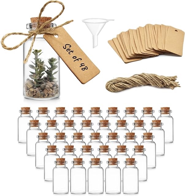 Mini Glass Bottles with Cork Lids for Wedding Decorations (48 Pack) Small Glass Jar Celebrations, 25ml Glass Cork Bottles - Comes with Craft Labels, Funnel and Twine