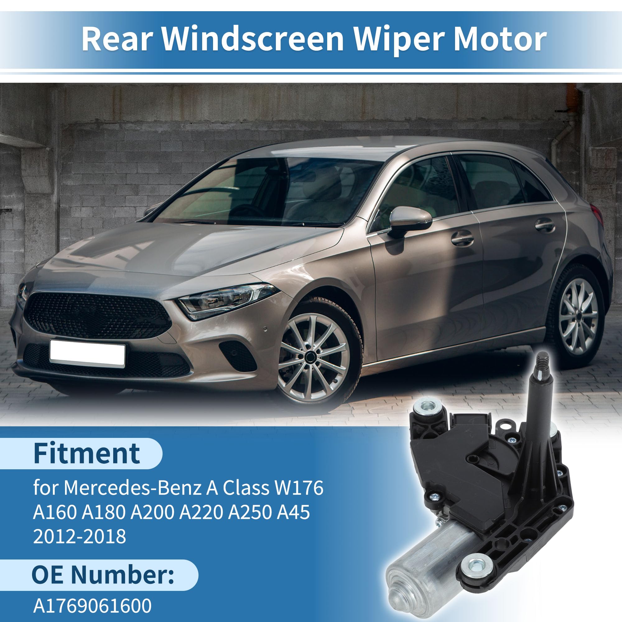 Motoforti Motor Limpiaparabrisas Trasero Para Benz Clase A 12-18 1 Pc | No. A1769061600, Tamaño: 16x10.5cm, Pin: 3, Material: Metal Y Plástico, Para Mercedes-Benz A160 A180 A200 A220 A250 A45