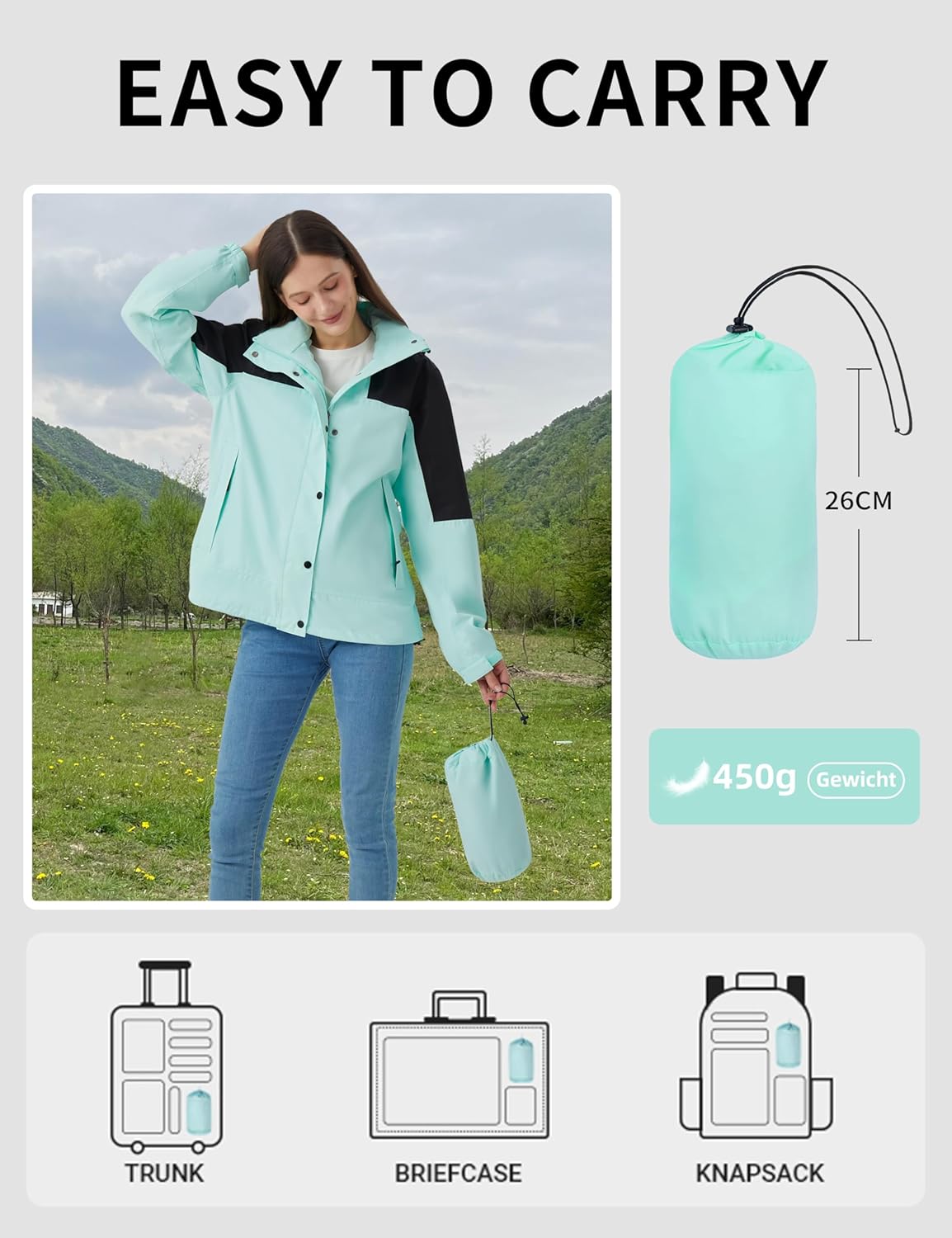 Rain Jacket for Women Waterproof Hooded Raincoat with Pockets Packable Windbreaker for Hiking Travel - Image 7