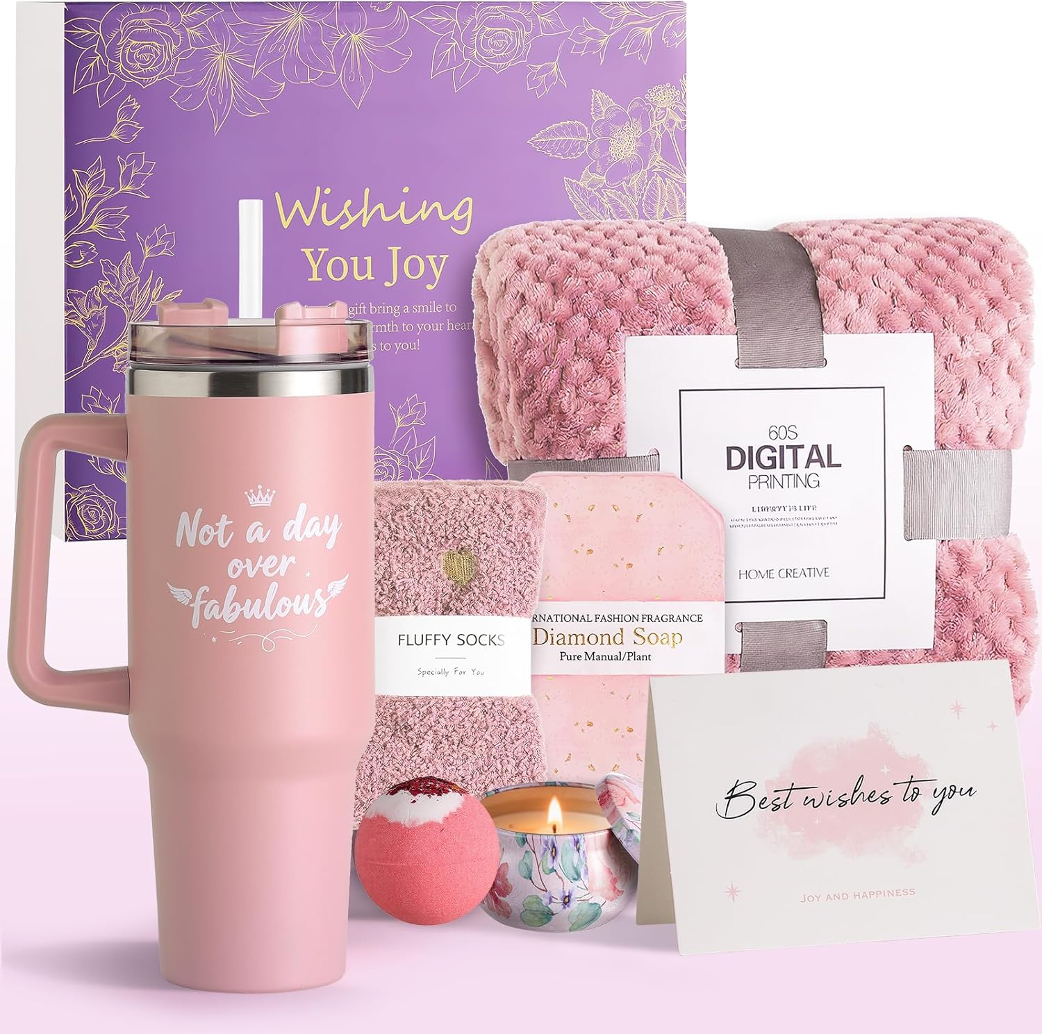 Birthday Gifts for Women, Self Care & Get Well Soon Gift Baskets, Jasmine Relaxing Spa Care Package with 40oz Tumbler & Flannel Blanket, Encouragement Thinking of You Gifts for Her, Mom, Friend,Girl