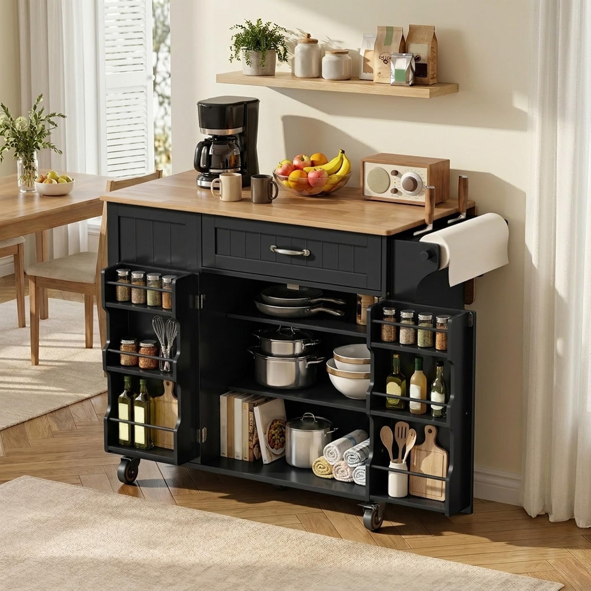 Xbro Îlot de Cuisine avec Emplacement pour Poubelle, Îlot de Cuisine sur roulettes, Meuble de Cuisine avec Plan de Travail Rabattable, Porte-Couteaux, Porte-Serviettes, 113 x 51 x 90 cm, Noir