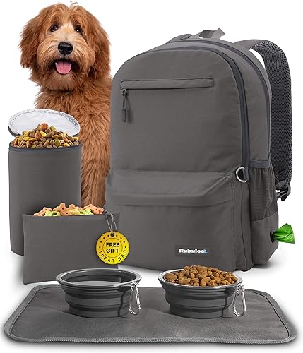 La mochila original Doggy Bag de Rubyloo. Mochila para suministros para perros + 2 cuencos de viaje para perros sin BPA, bolsa de golosinas,