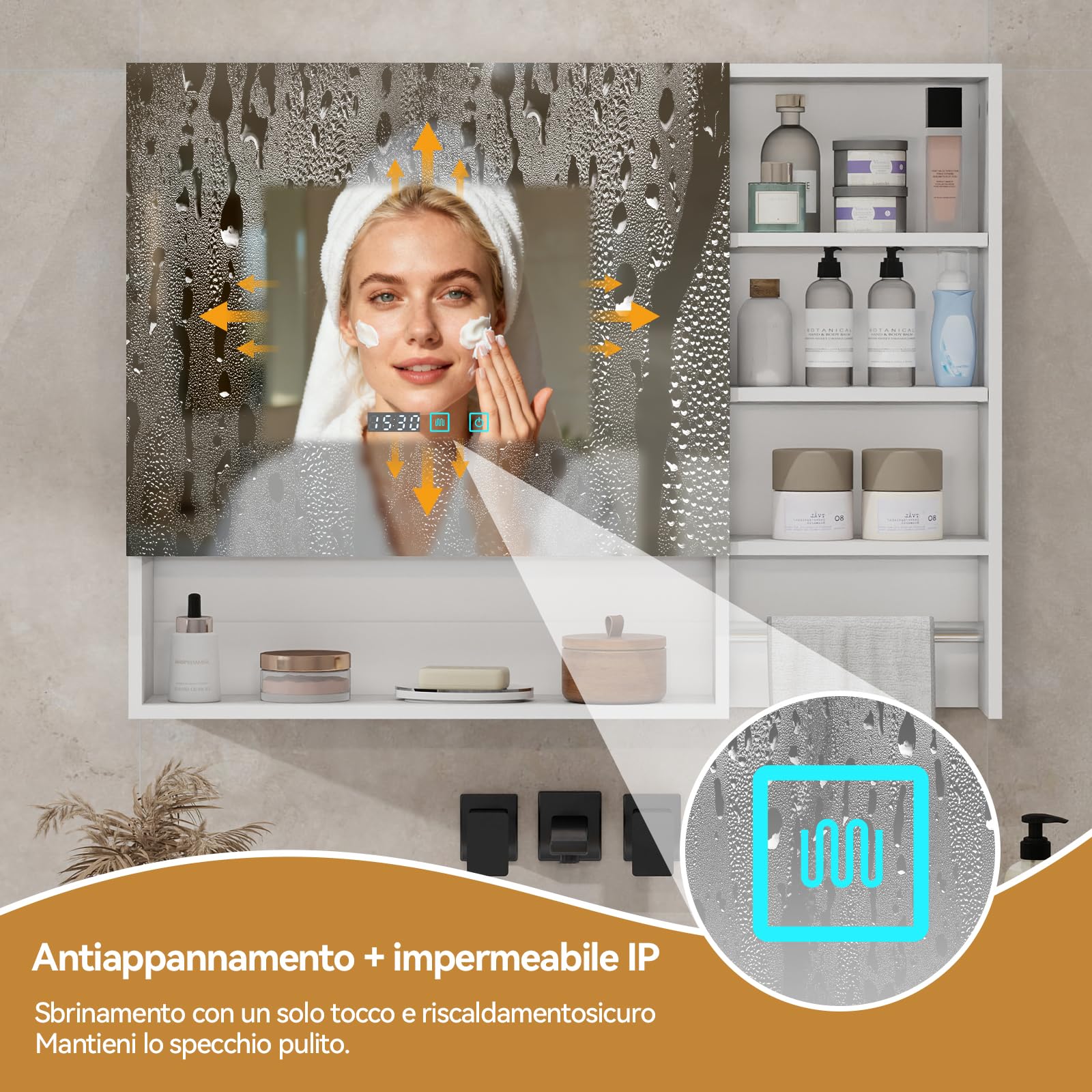 YU YUSING Specchio Contenitore Bagno con Luce, Mobile Bagno Sospeso con LED 80x14x60 cm, Armadietto con Portasciugamani, 3 Modalità di Luce, 3 Ripiani Regolabili, Bianco