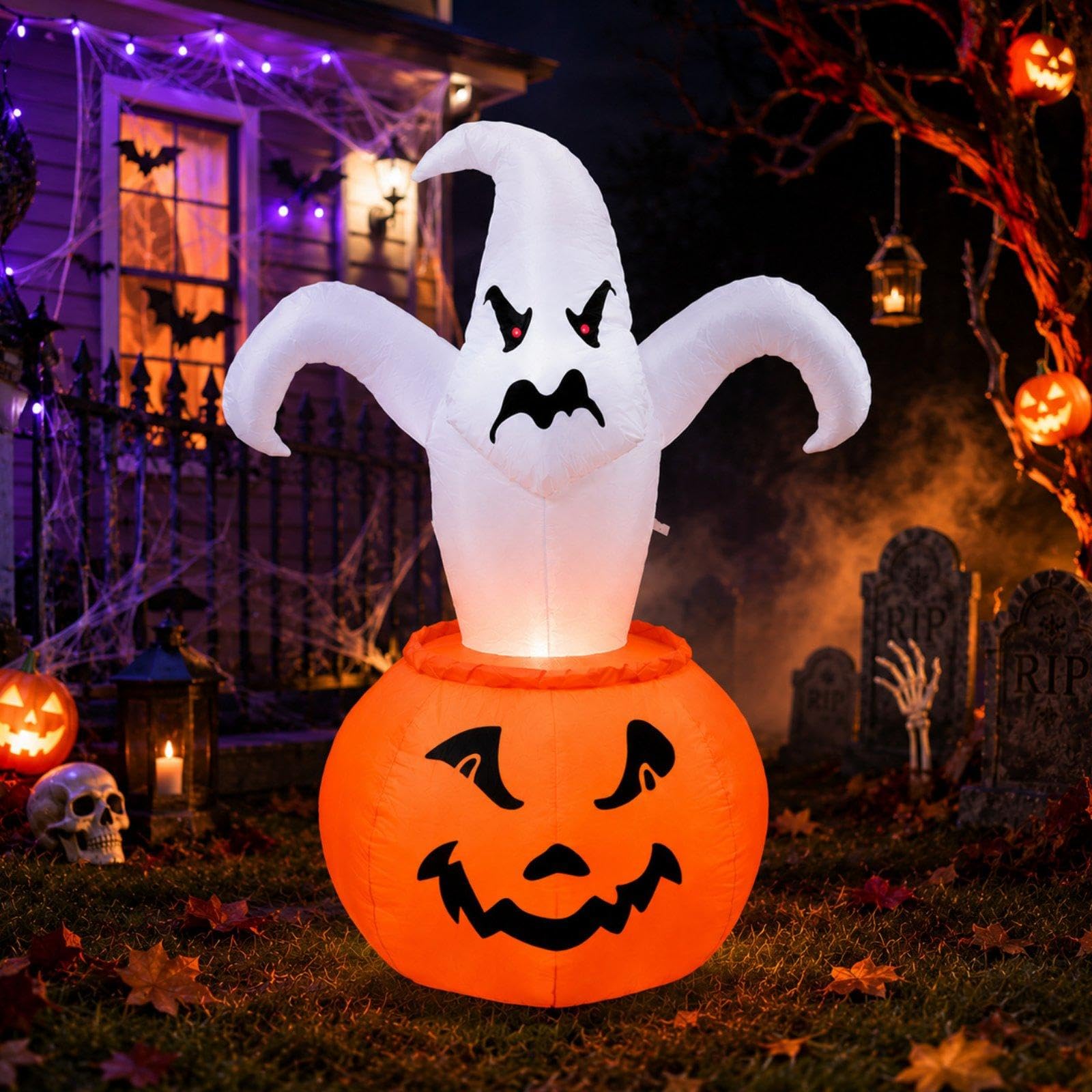 Aufblasbare Halloween-Dekoration, 180 cm groß, gruselig mit eingebauter LED-Beleuchtung, für Terrasse, Garten und Außendekoration