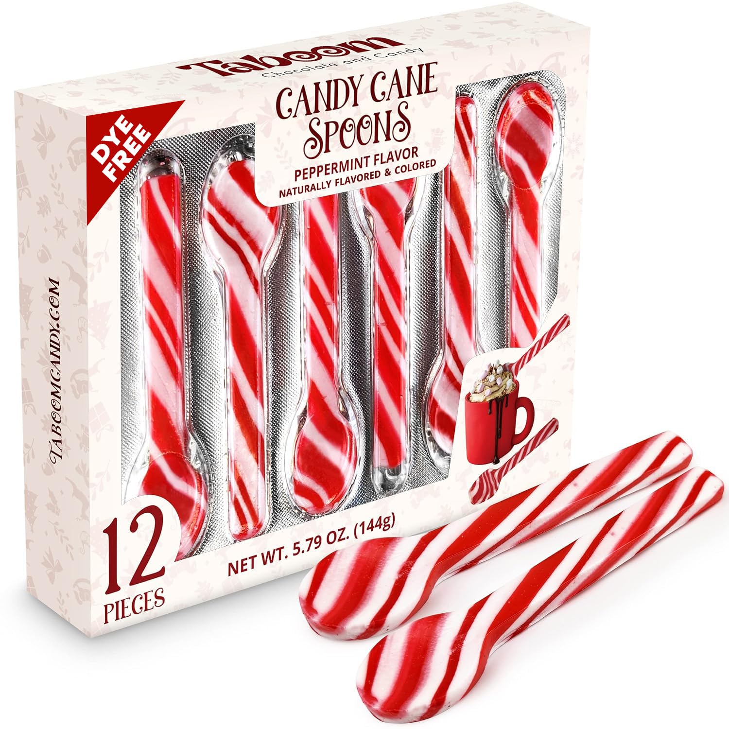 Peppermint Candy Cane Spoons Dye-Free - Pack of 12 Individually Wrapped Christmas Peppermint Flavored Hot Chocolate Spoons - Festive Holiday Treats for Stirring, Gifts & Stocking Stuffers