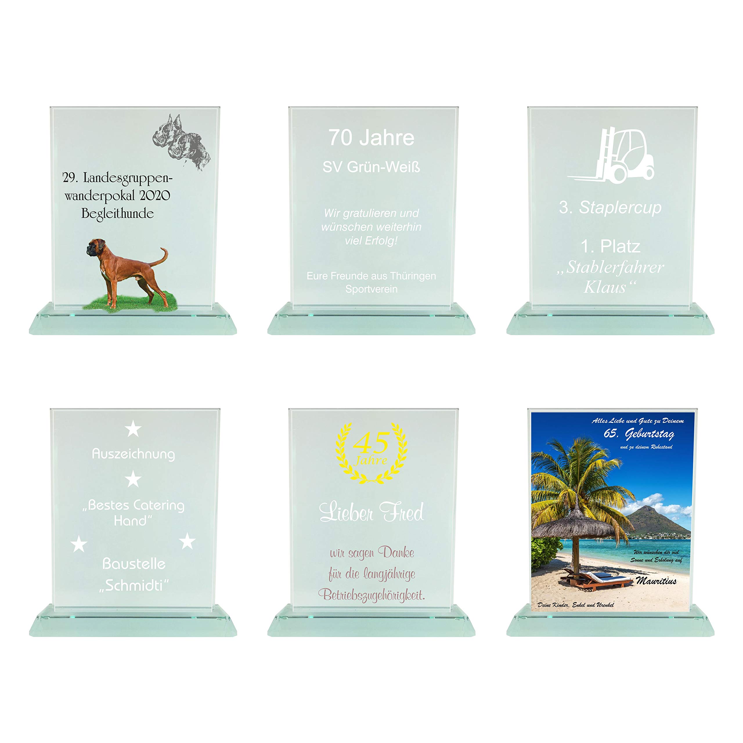 Glaspokal, Glastrophäe, Rechteck aus Jadeglas für Jubiläum, Sieger, Ehrung, Danksagung, Turnier