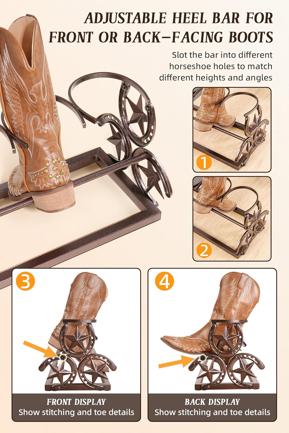 Western Horseshoe Boot Rack, 3 Pairs Freestanding Metal Boot Stand, Adjustable Cowboy Boot Organizer with Texas Star Ends for Entryway Bedroom Living Room Decor, Gift for Cowboy Boot Lovers, Bronze