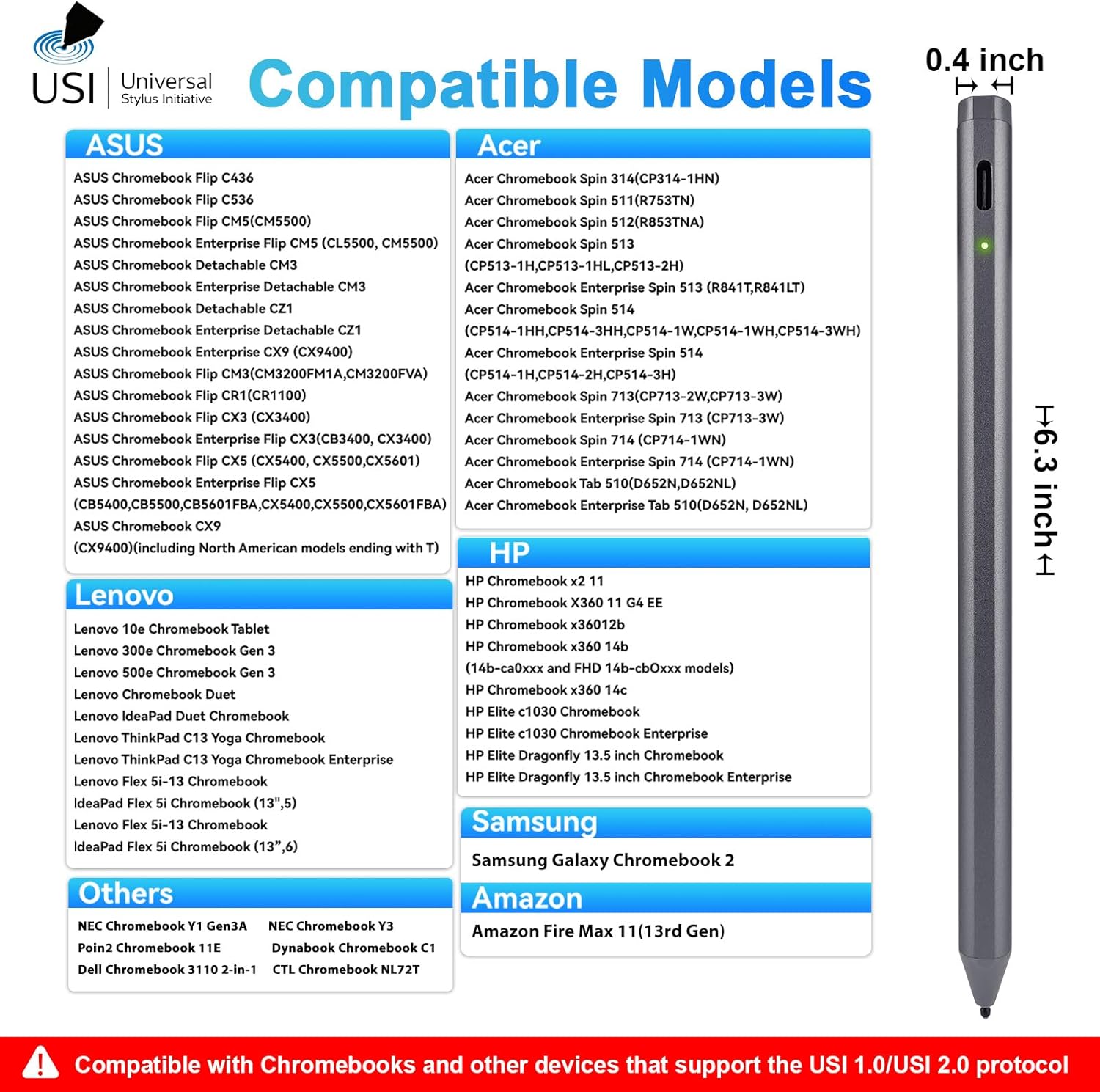 USI 2.0 Stylus Pen for Chromebooks with Fast Charging, Palm Rejection Stylus Pen for Chromebooks Acer Spin,ASUS Flip,Lenovo Duet/IdeaPad/Flex,Amazon Fire Max 11/Fire HD 10, Google Pixel, Grey