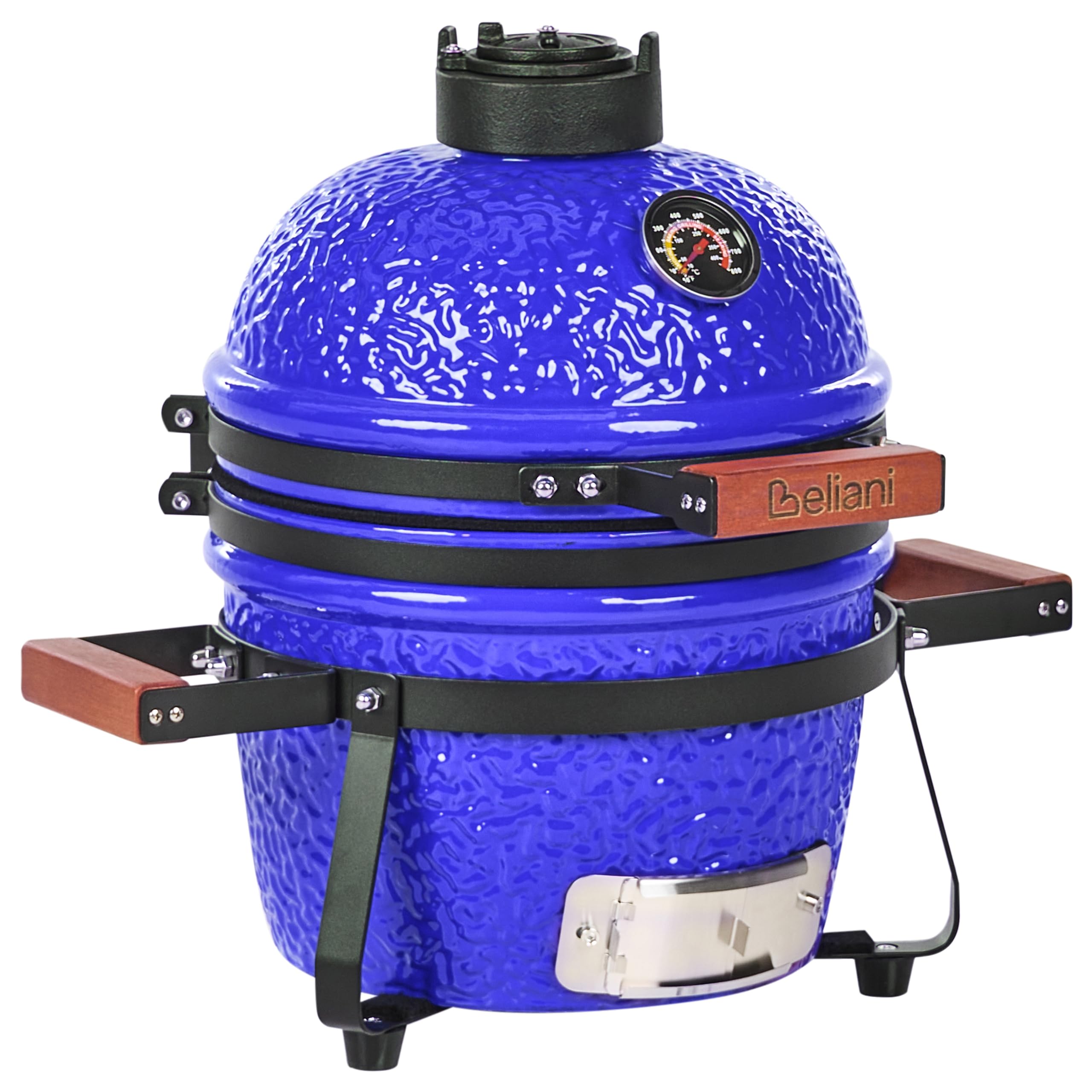 Ogrodowy mini grill węglowy ceramiczny przenośny z pokrywą termometerem rusztem niebieski Kamado