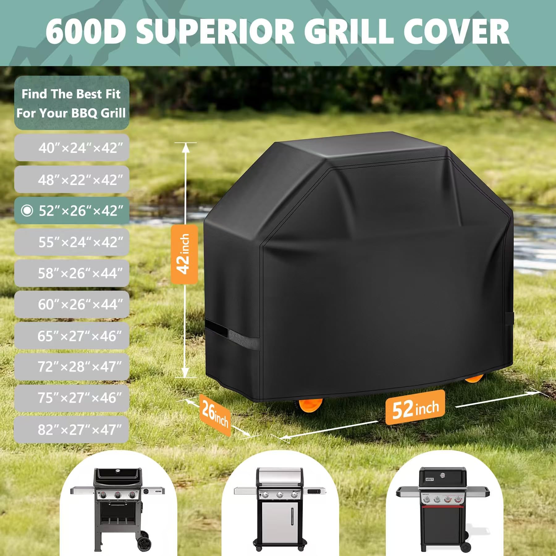 Cubierta para parrilla de 52 pulgadas, cubierta de barbacoa 600D para parrillas Weber Spirit 300 y Spirit 400 Series – Cubiertas de barbacoa al aire libre impermeables resistentes para Weber