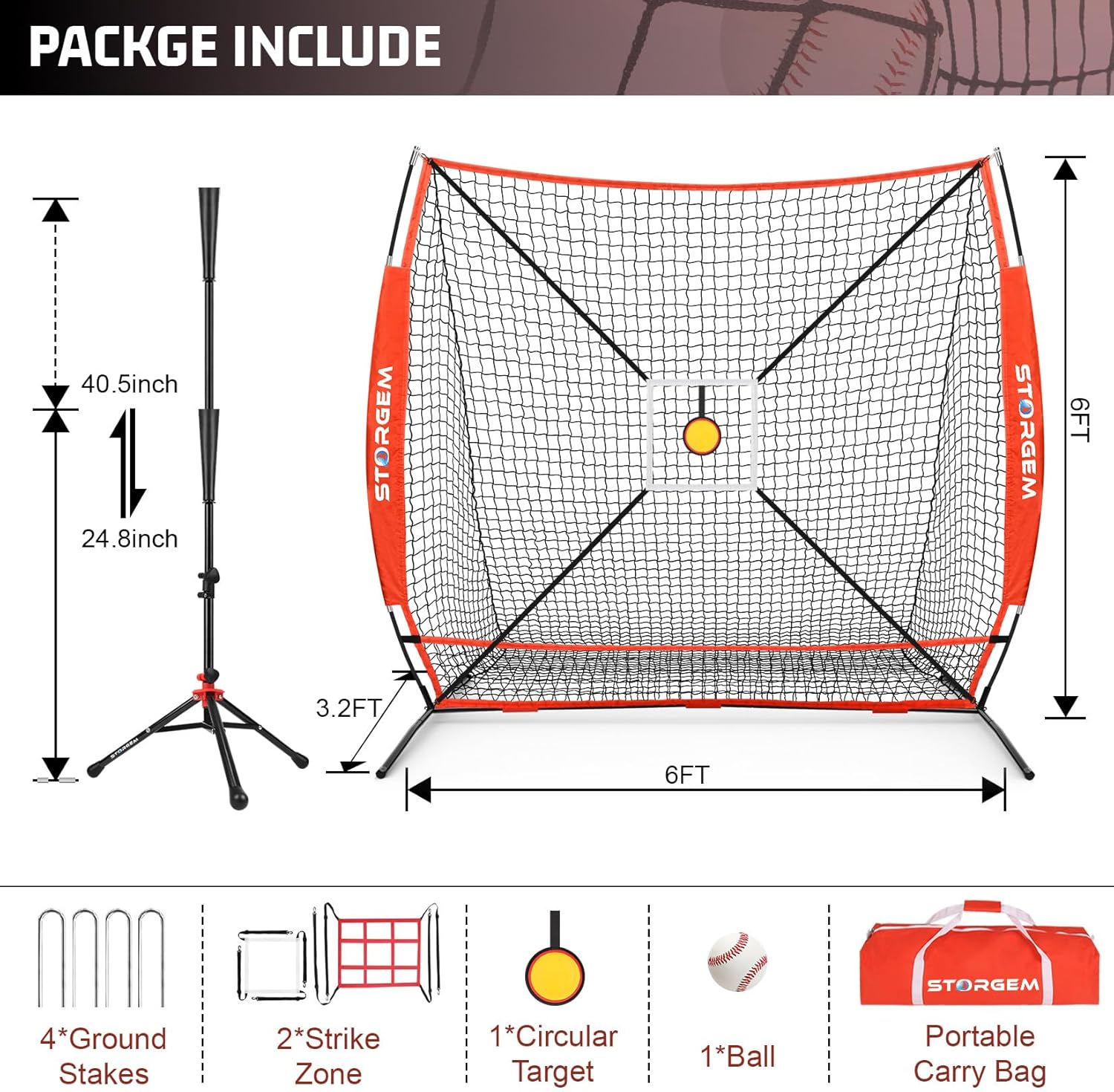 Storgem 6'X6' Baseball Softball Practice Net, Portable Baseball Net for Batting, Hitting, Pitching and Fielding, Carry Bag, Strike Zone and Batting Tee, Great for Kids Adult Youth