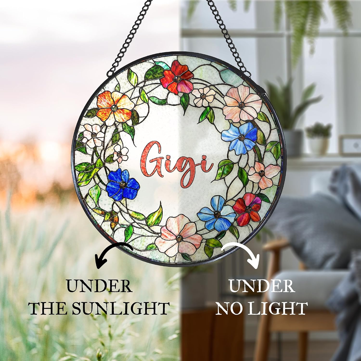Gigi Floral Stained Glass Window Hanging Suncatcher for Grandma, Grandma's Garden Sun Catcher Window Wall Hanging Decor, Gigi Gifts for for Mothers Day Christmas Birthday, 7.8 x 7.8 in