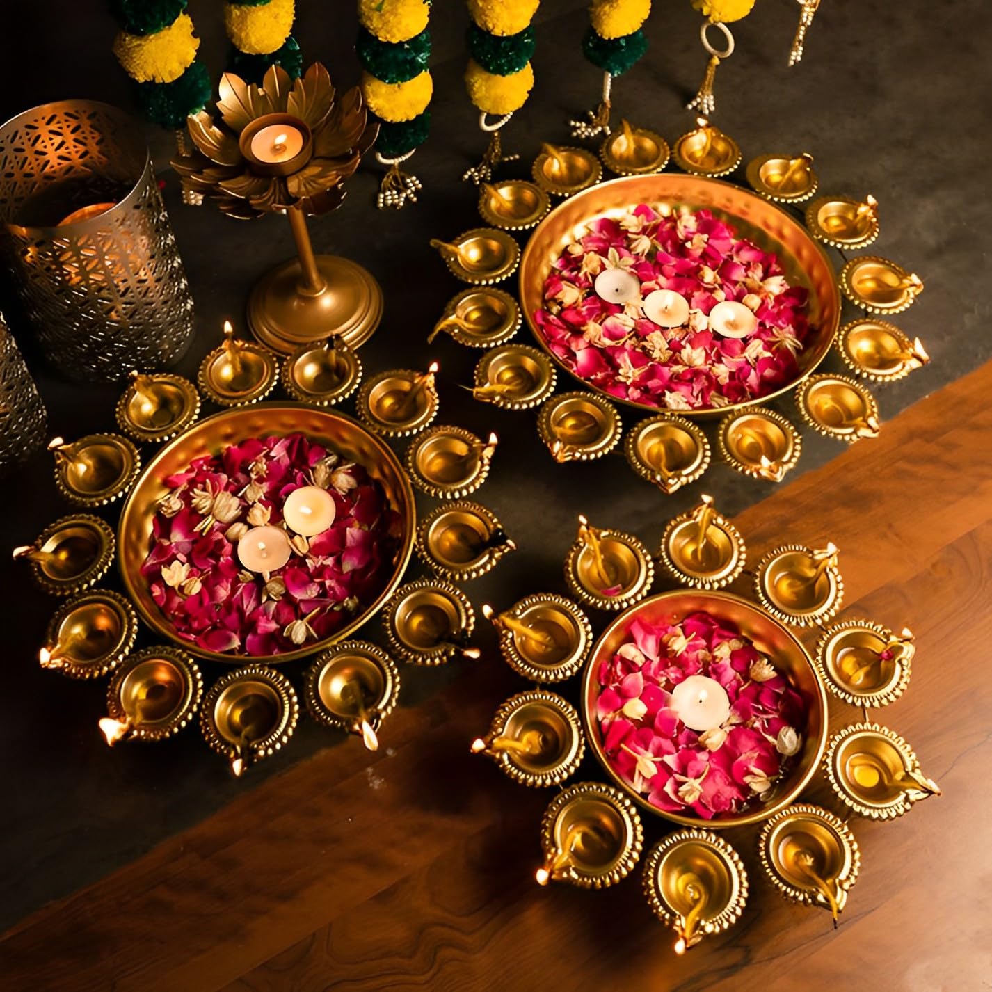 Buy Urli Diya, 3pcs, Lotus Urli Bowl, Diwali Decor Lotus Urli, Diwali Diya, Golden Candle Holder