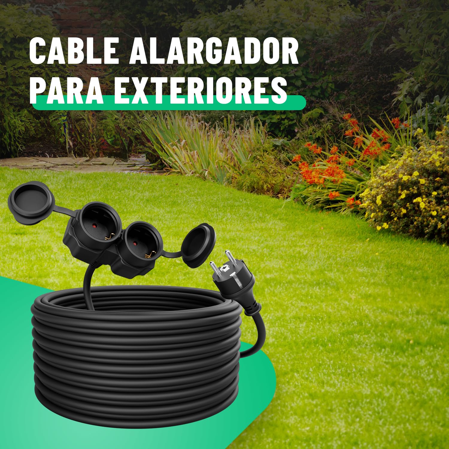 greate alargador electrico 20 Metros de 2 Tomas - Alargadera Impermeable IP44 para Áreas Exteriores - Cable electrico 3500W - Extension Lead, alargador Enchufe, alargo Enchufe, alargadores enchufes