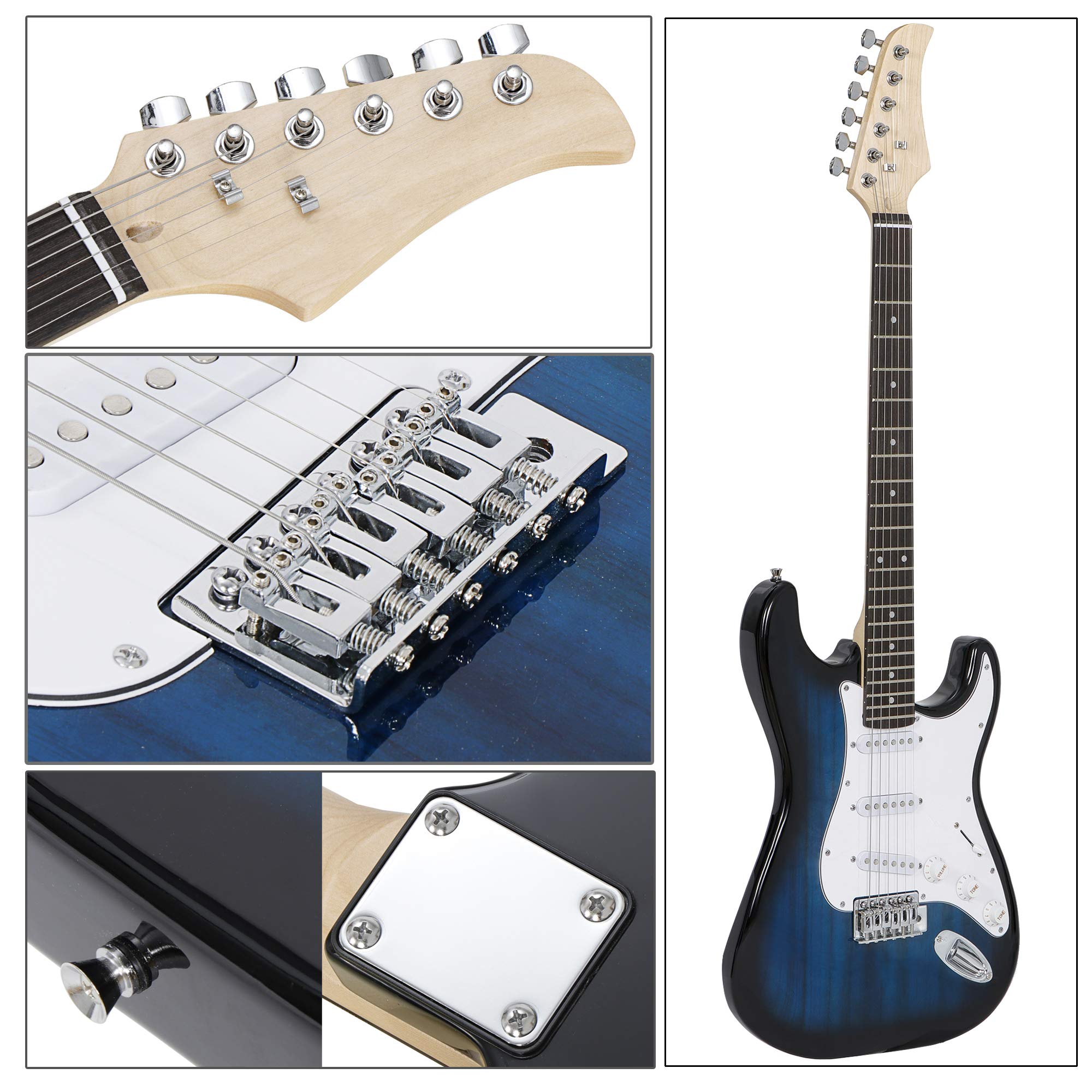 Pełnowymiarowa gitara elektryczna 99 cm z wzmacniaczem 10 W, pokrowiec na pasek do gitary pakiet dla początkujących startów (niebieski)