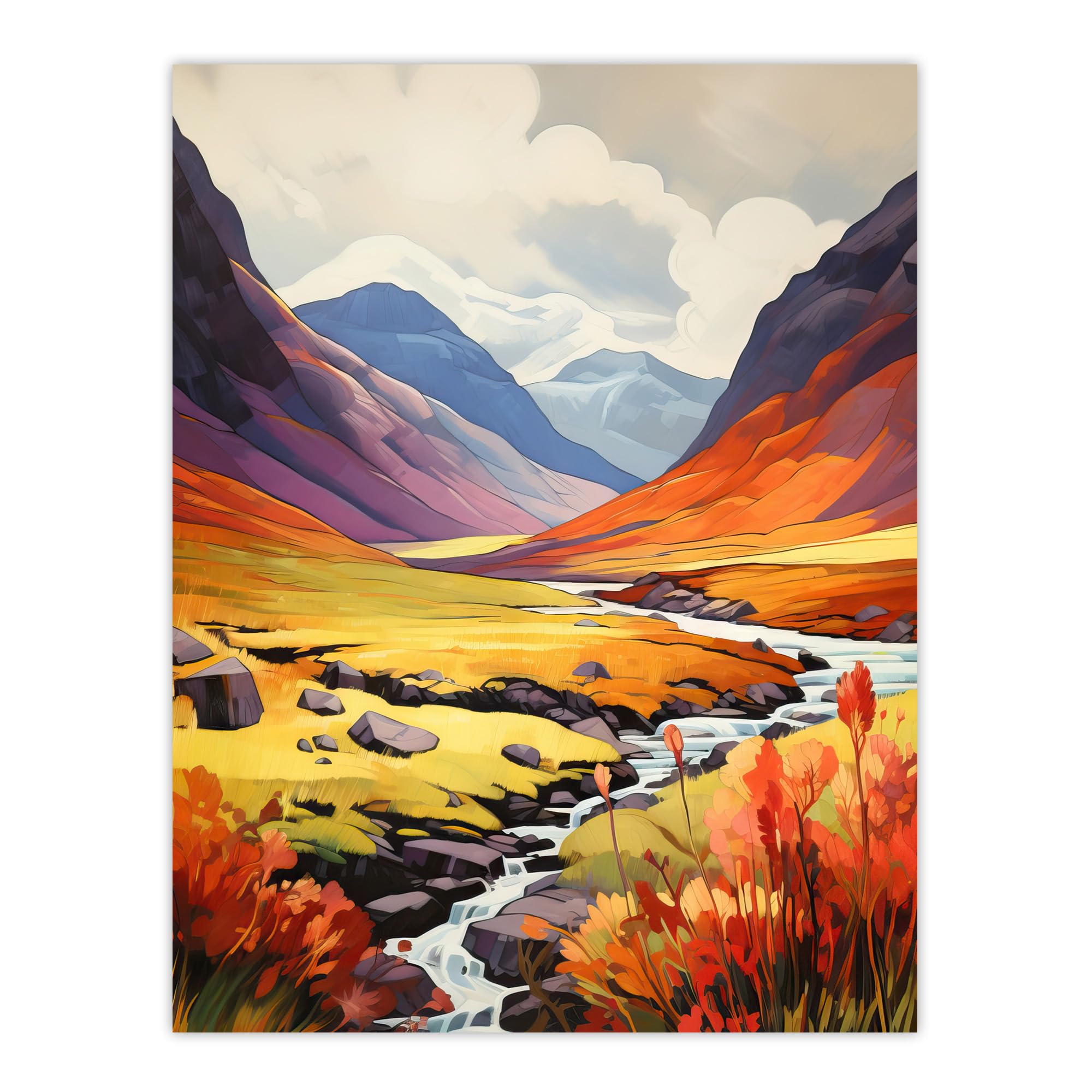 Artery8 Scotland Glencoe Valley Vibrant Oil Painting Majestic Mountains And River With Heather Shrubs Large Wall Art Poster Print Thick Paper 18X24 Inch