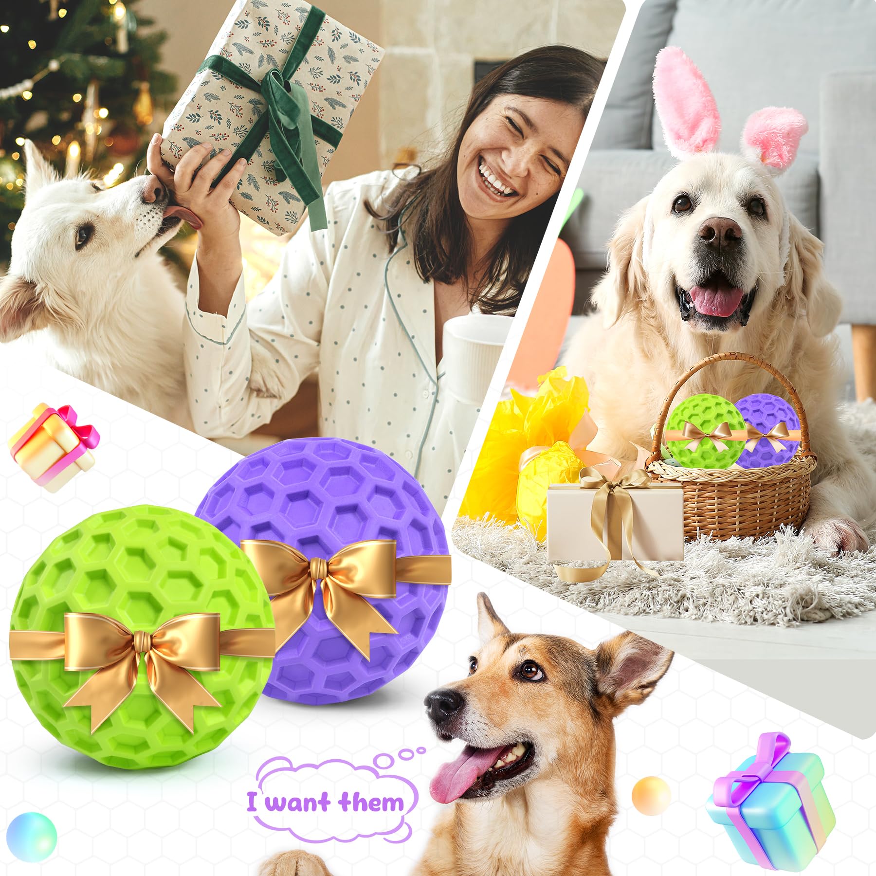 Giocattoli per cani che scricchiolano per masticatori aggressivi, Palline per cani indistruttibili per masticatori aggressivi, Palline viola cigolanti per cani, Giocattoli interattivi per