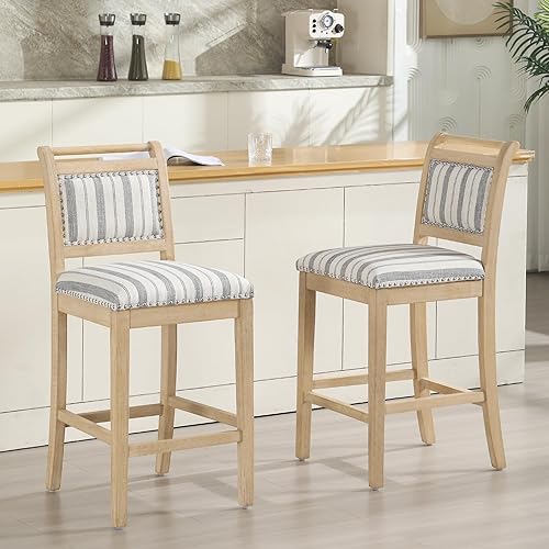 Taburetes de bar de 26 pulgadas de altura de mostrador para isla de cocina con marco de madera maciza, taburetes de bar tapizados de tela de lino,