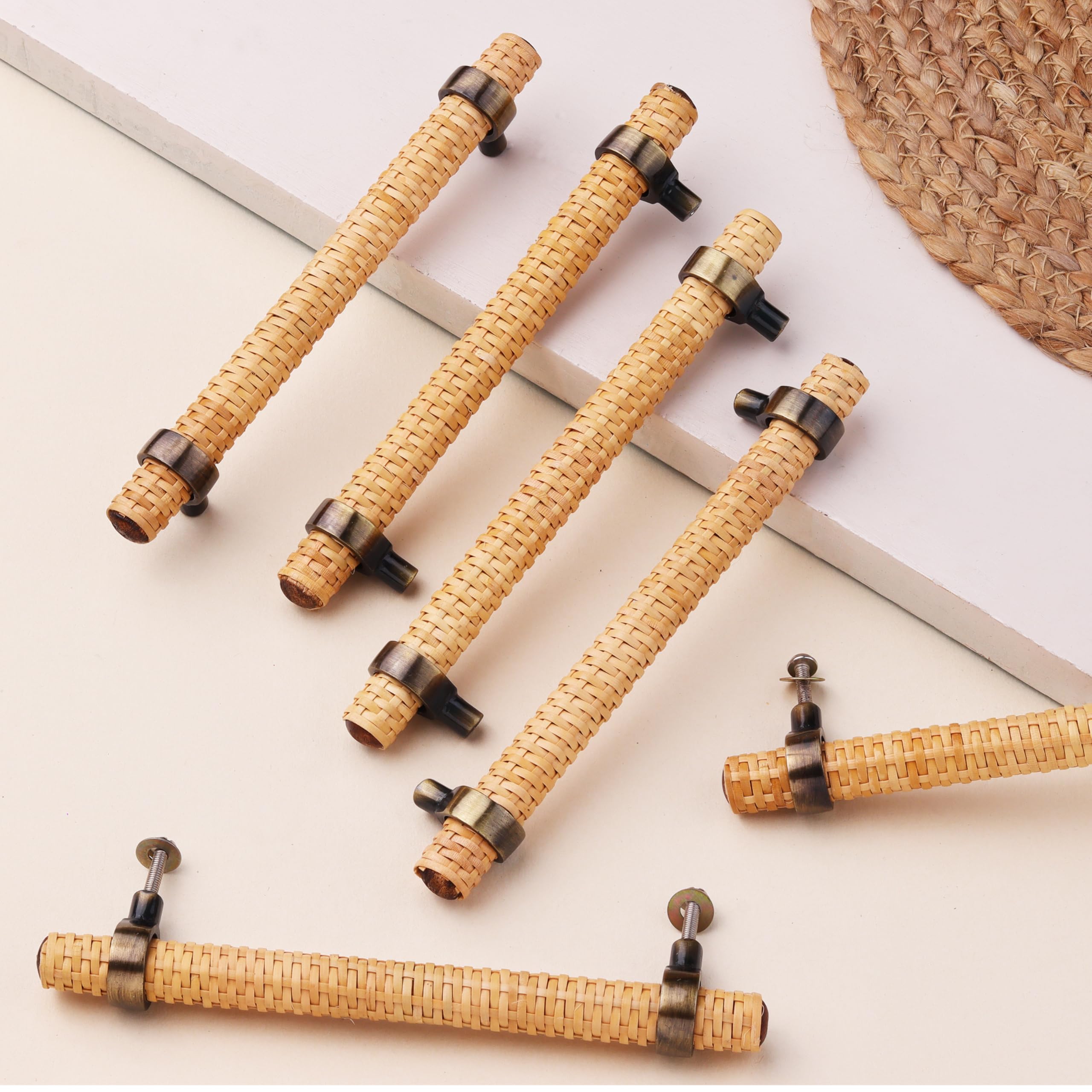 Indian-Shelf 6 Piece Adjustable Drawer Pulls Decorative Rattan Boho Wood Cabinet Pulls Handles Unique Dresser Door Handles Interior Antique Cabinet Hardware- 7'' (Style 2)-image-49