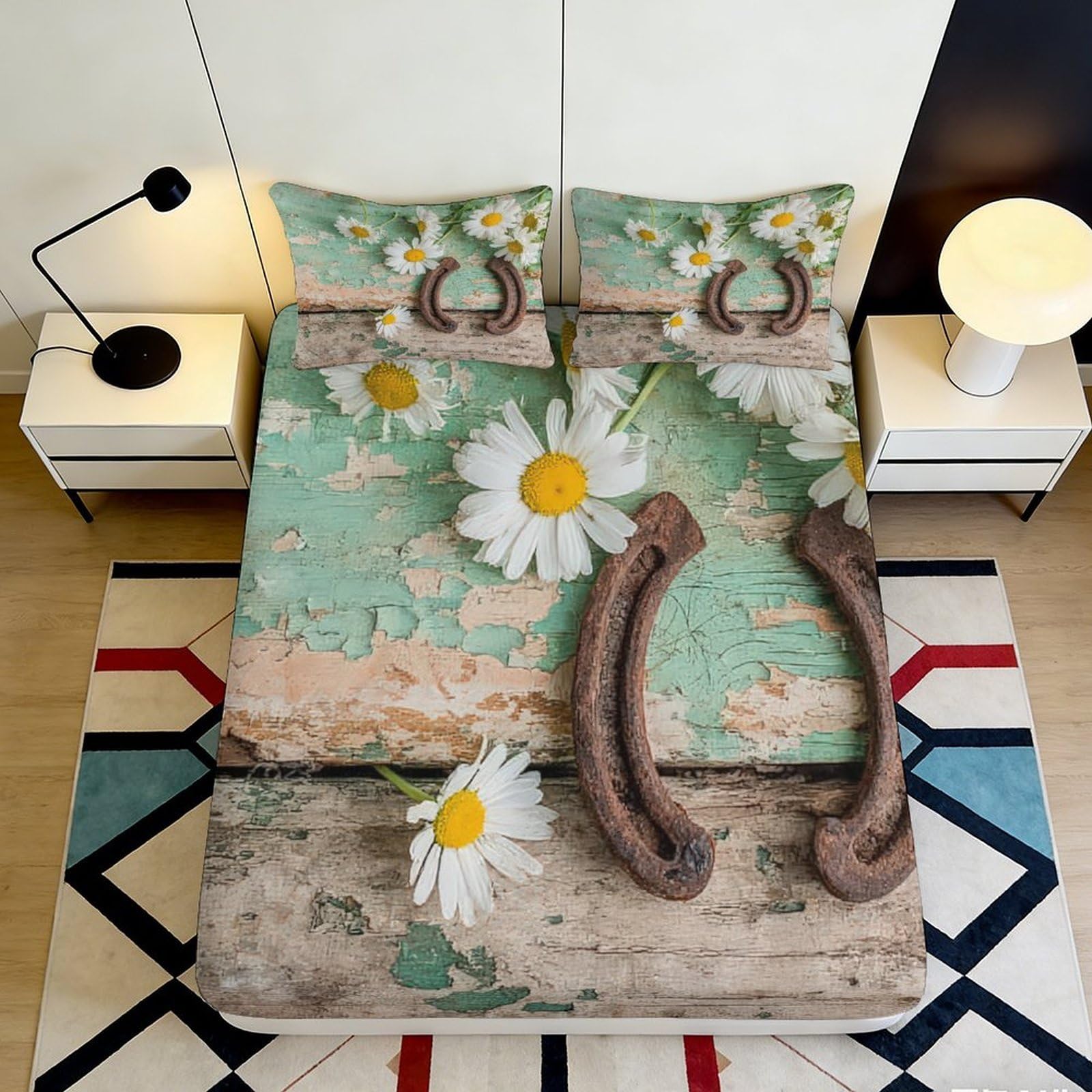 Pnayamiorkfel Style-1 3D Printed Vintage Wood Daisy Fitted Sheet Microfiber Non-Slip Horseshoe Mattress Cover For Bedroom Guestroom 90X200x25cm