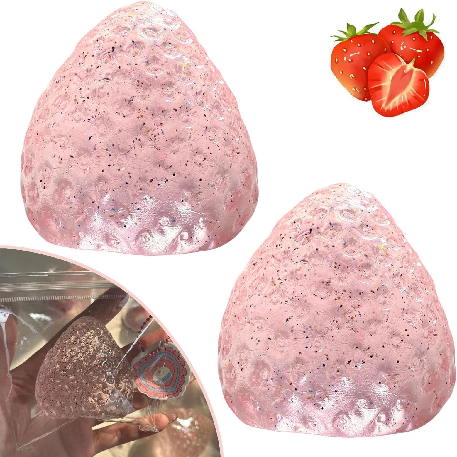 Handmade Big Taba Squishy Strawberry, Cute Strawberry Squeeze Toys, Strawberry Squishies Fidget Toys, Novelty Things Suitable for Adults Relaxation (2xGlitter)