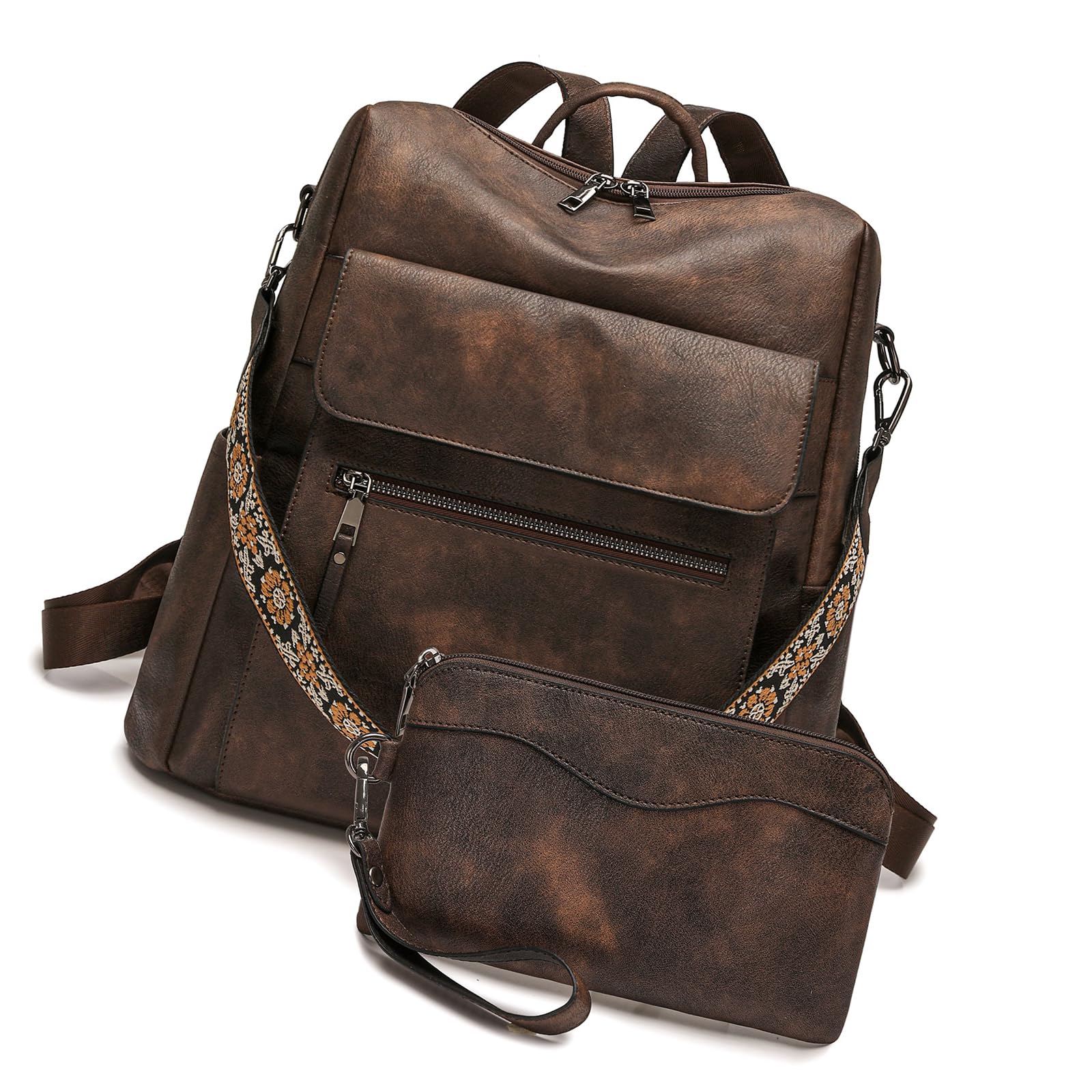 Mochilas de piel sintética para mujer, impermeable, antirrobo, convertible, de viaje, bolso de hombro, bolso de mano de piel sintética, Café de dos colores