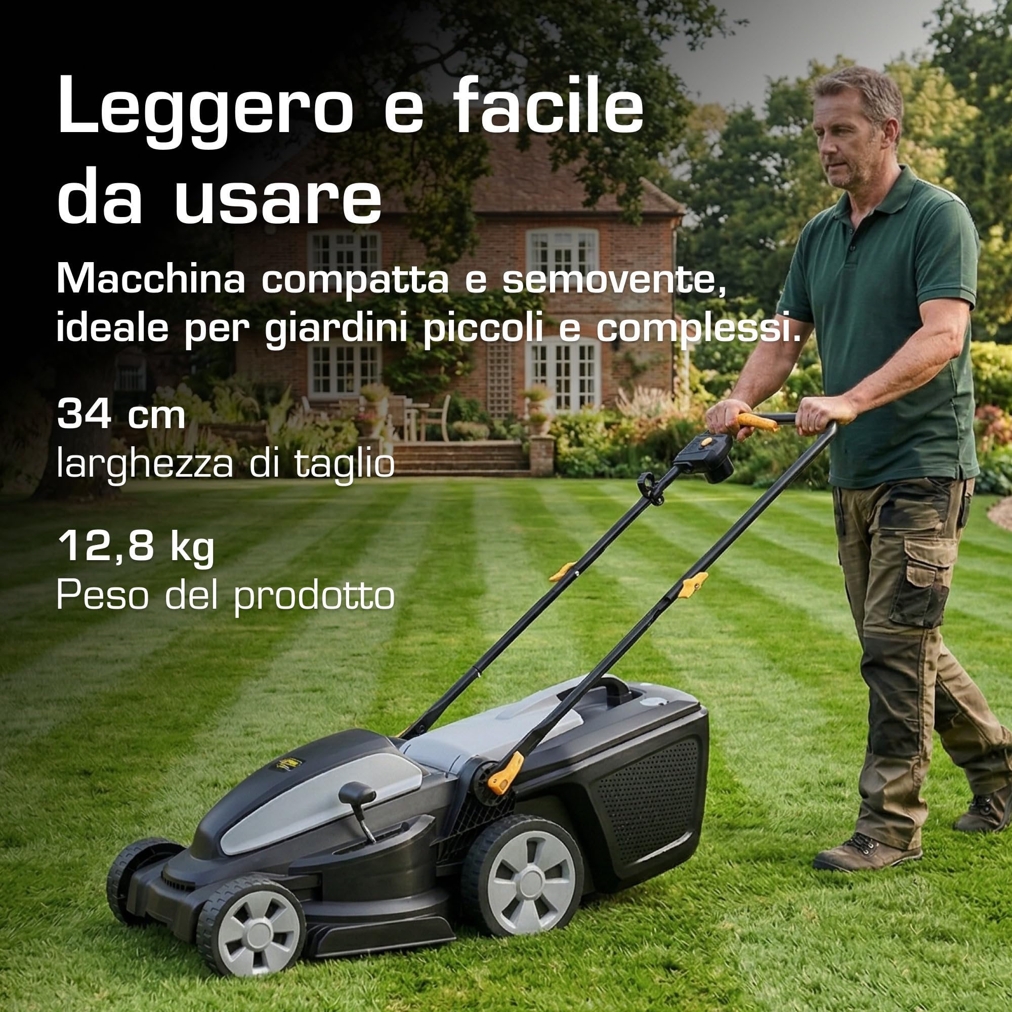 Alpina Rasaerba elettrico AL1 34 E - Motore da 1200 W, larghezza di taglio 34 cm, 6 altezze di taglio, cassetta per l'erba da 35 L