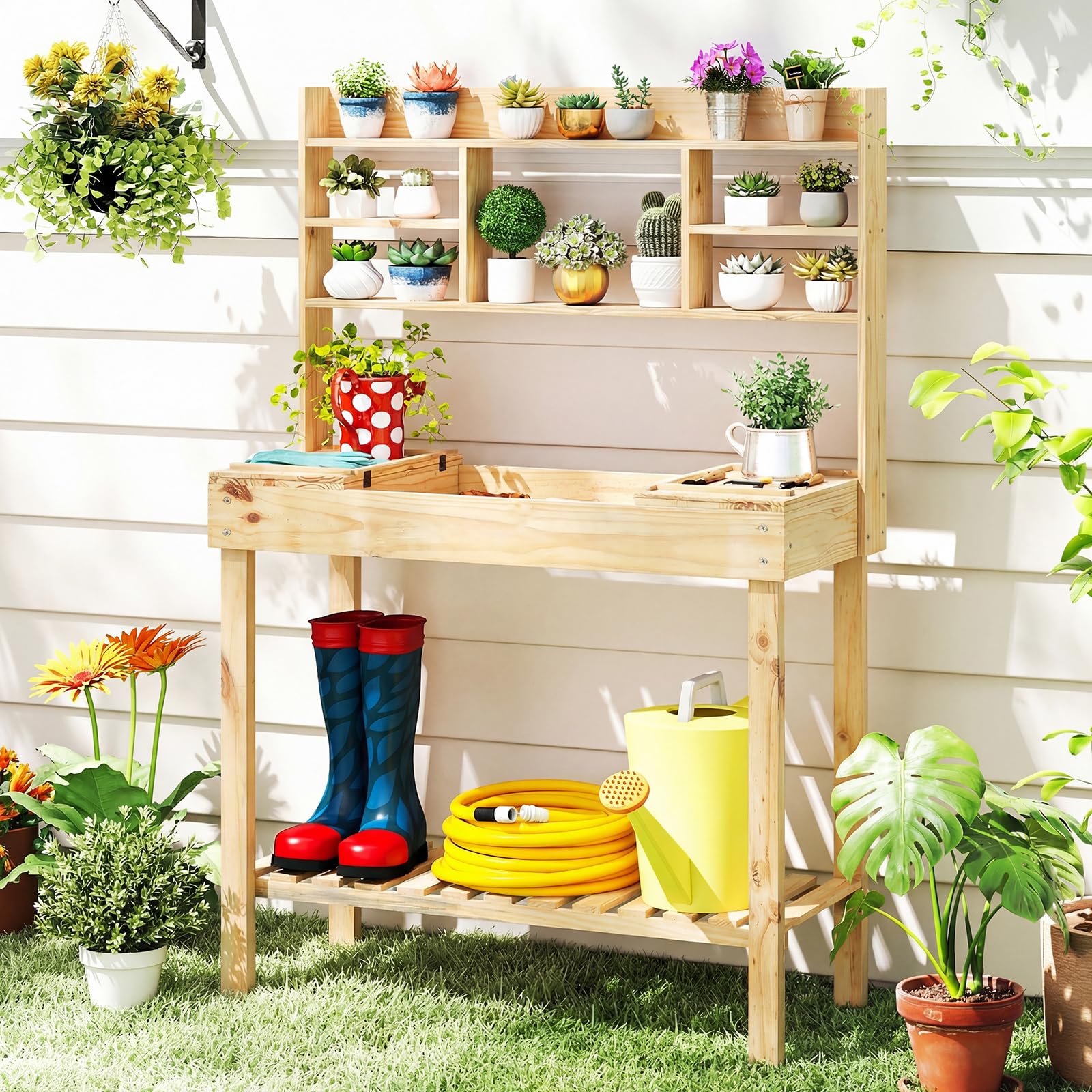 Amazon.com: HAPPYGRILL 盆栽桌,60 英吋(約152.4 公分)木製花園工作台