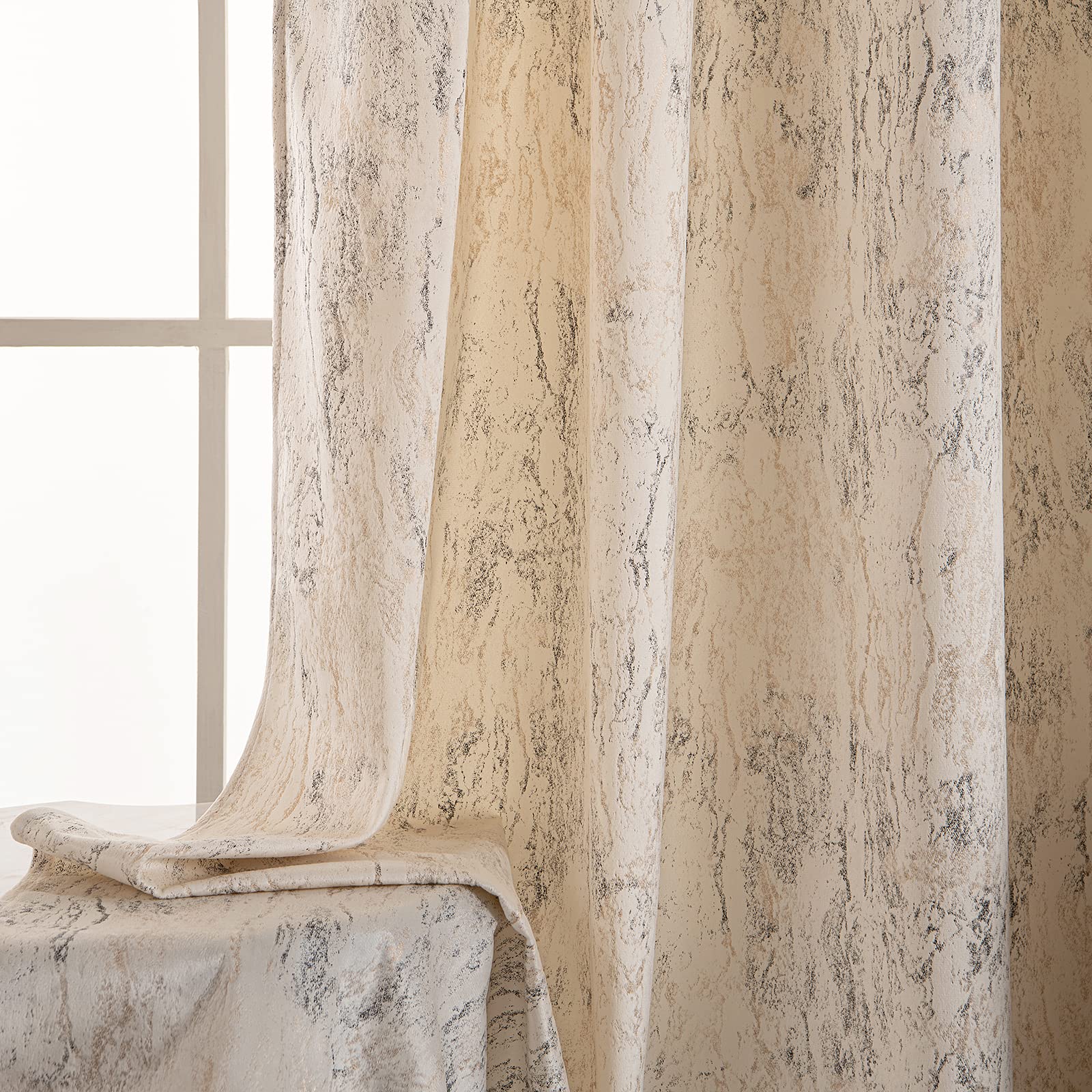 MIULEE Creamy White and Gold Velvet Curtains 96 Inches Long Soft Luxury Metallic Bedroom Living Room Curtain Elegant Glitter Gold Foil Print Room Dark Thermal Insulated Grommet Window Drapes, 2 Panels