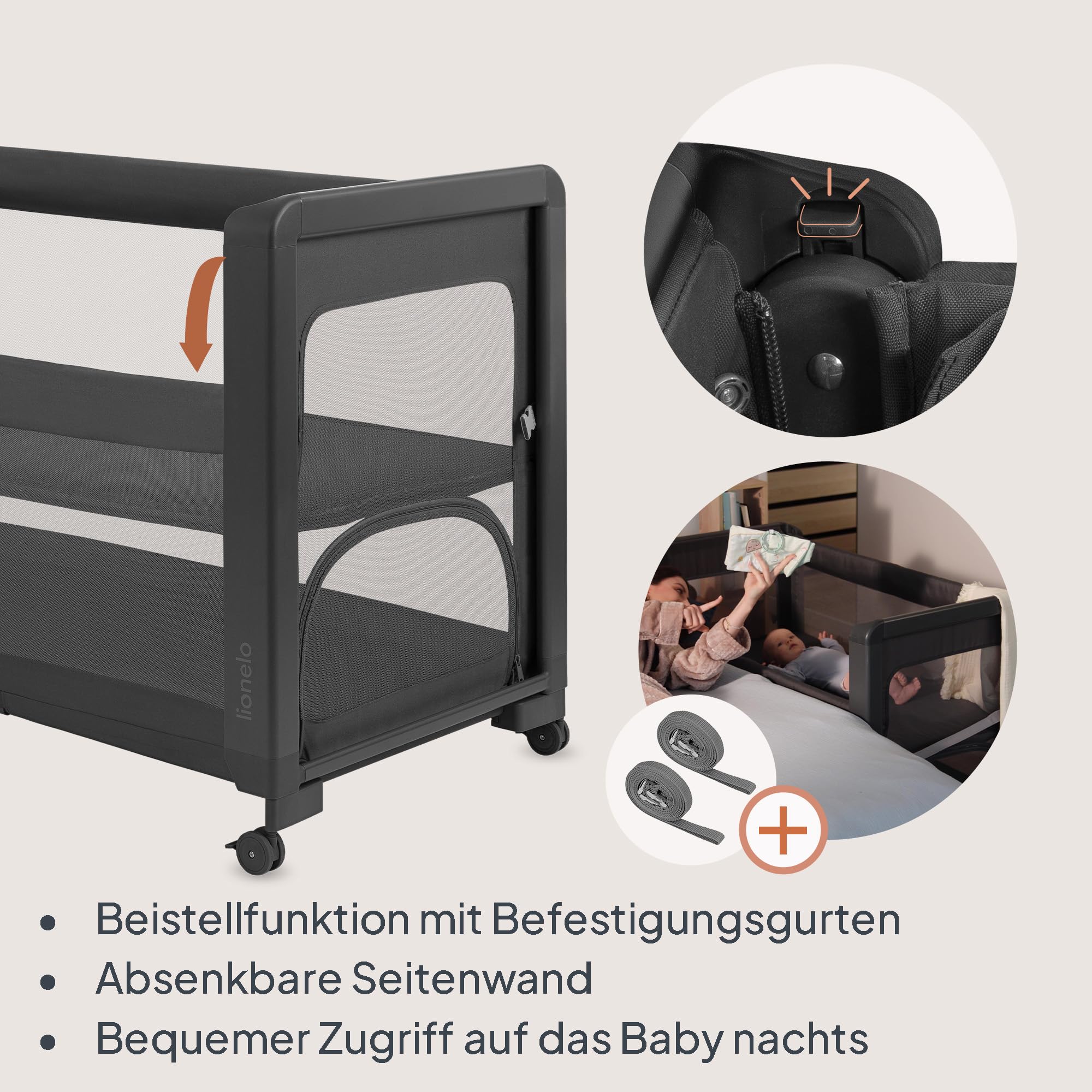 Lionelo Patty 5-in-1 Reisebett & Beistellbett mit Matratze | Faltbares Kinder-/Babyreisebett mit Tragetasche & Rollen, Laufstall - Ideal von Geburt bis 15 kg