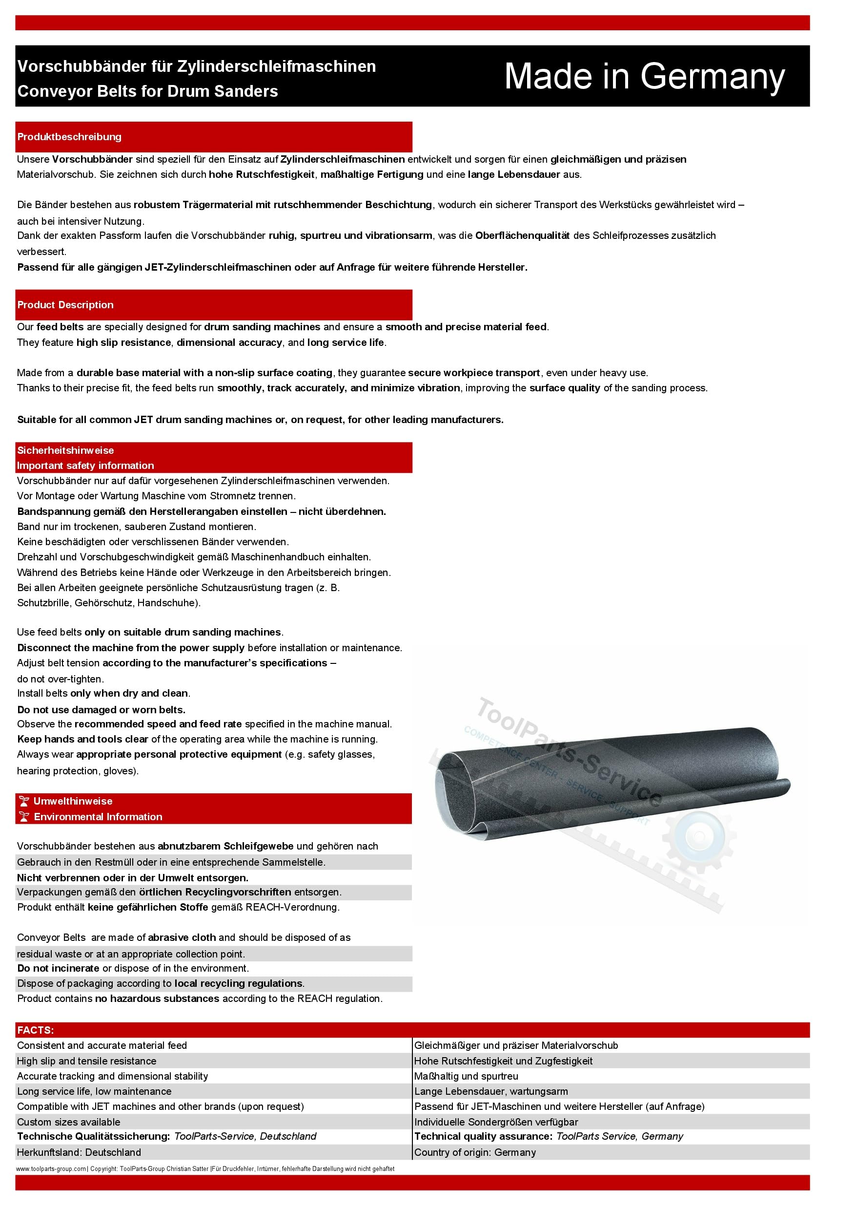 JET Vorschubband 60-0316-P – passend für JET 16-32 Plus Zylinderschleifmaschine – K100 – Made in Germany