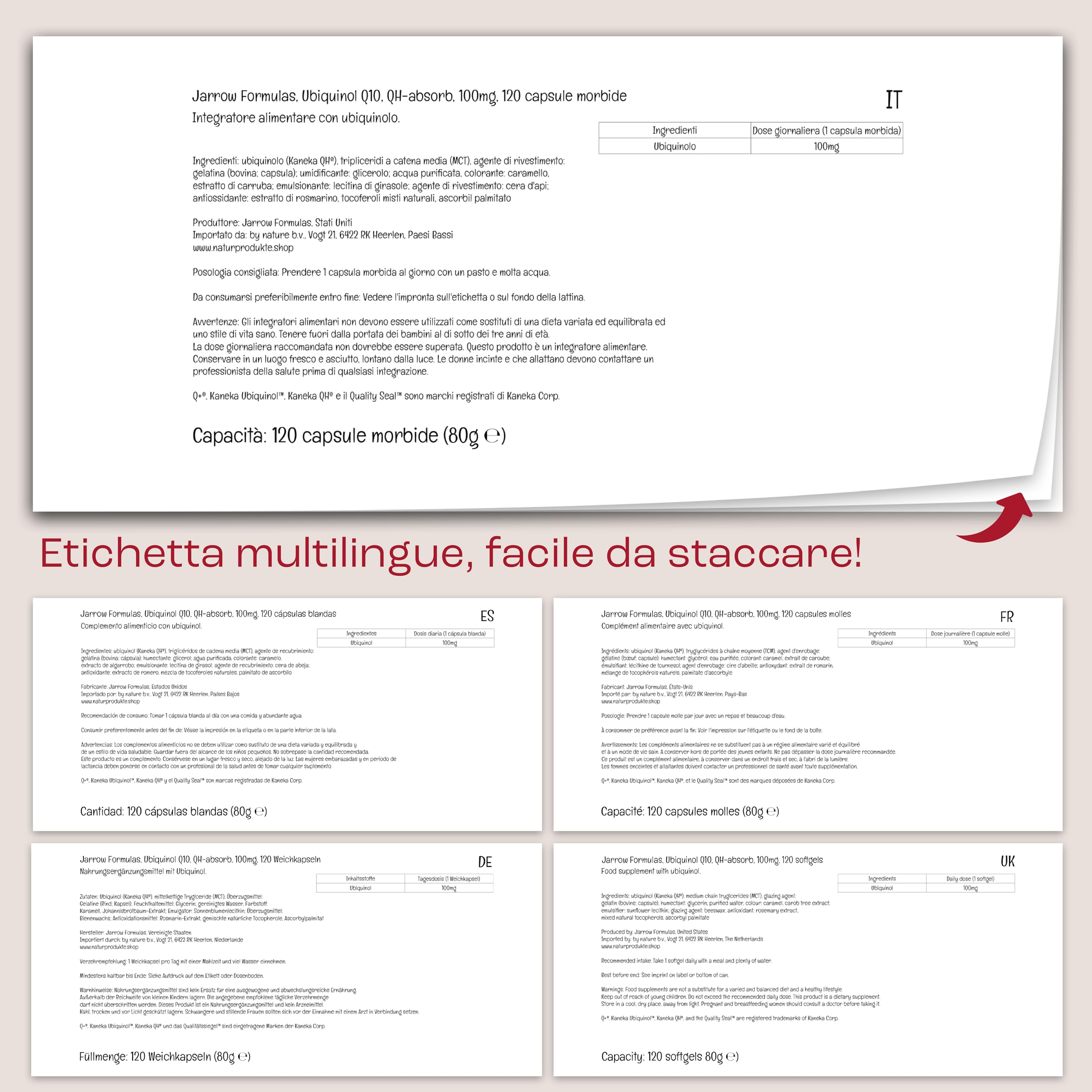 Jarrow Formulas, Ubiquinol QH-Absorb (Coenzima Attivo Q10), 100mg, Alta Resistenza, 120 Capsule morbide, Testato in Laboratorio, Senza Glutine, Senza Soia, Senza OGM