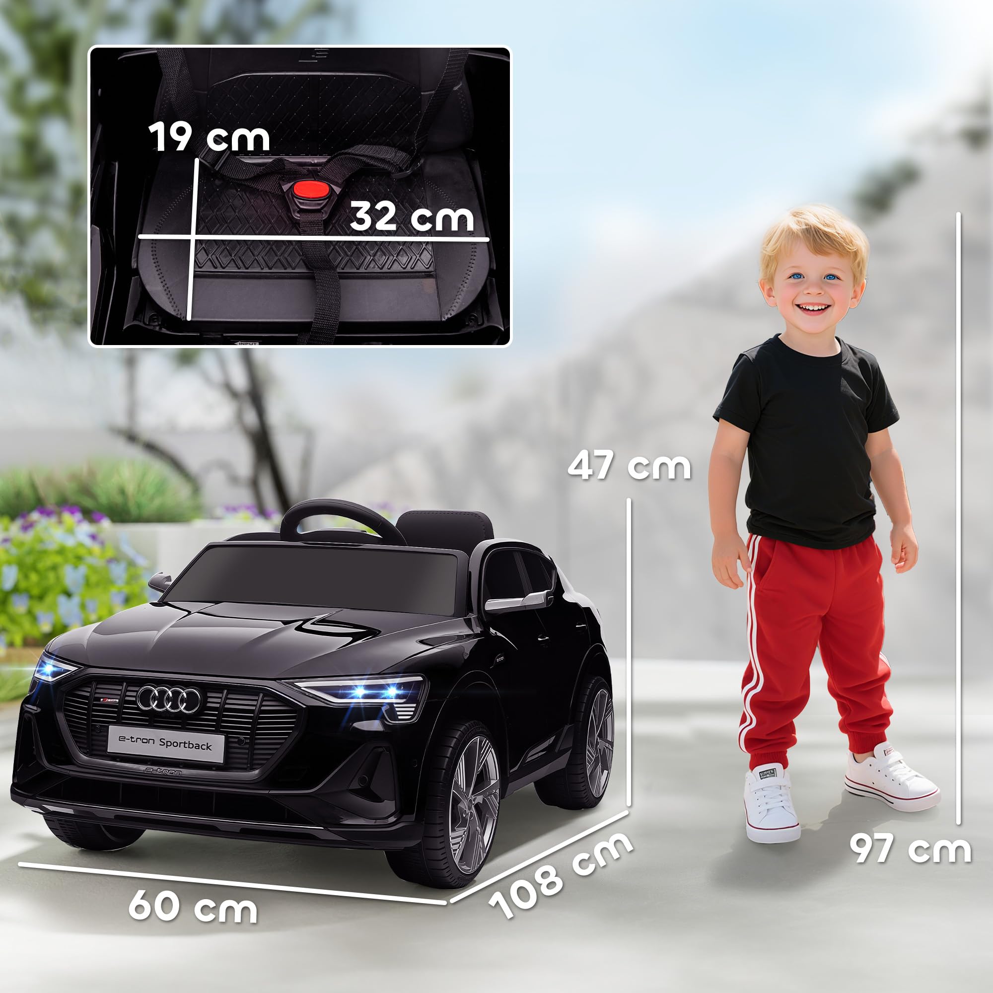HOMCOM Voiture électrique Enfants sous Licence Audi e-tron Sportback, véhicule électrique 12V Max. 5 Km/h avec télécommande 2,4G, phares LED, Musique, klaxon, Port USB, MP3, Noir