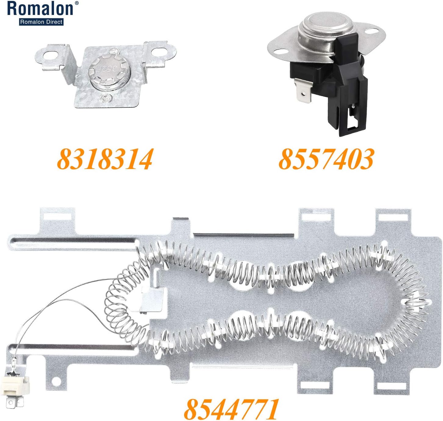 8544771 Dryer Heating Element 280148 Thermal Cut Off Kit 8557403 High Limit Thermostat 8318314 By Romalon Replacement for Whirlpool WP8544771 Dryer Heating Element