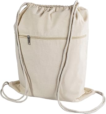 Cotton Canvas Drawstring Backpack with Zippered Front Pocket Cinch Sack Pull String Sport Bags for Gym, Hike Bags