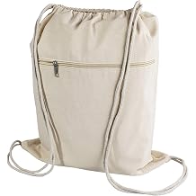 TBF Cotton Canvas Drawstring Backpack with Zippered Front Pocket Cinch Sack Pull String Sport Bags for Gym, Hike Bags
