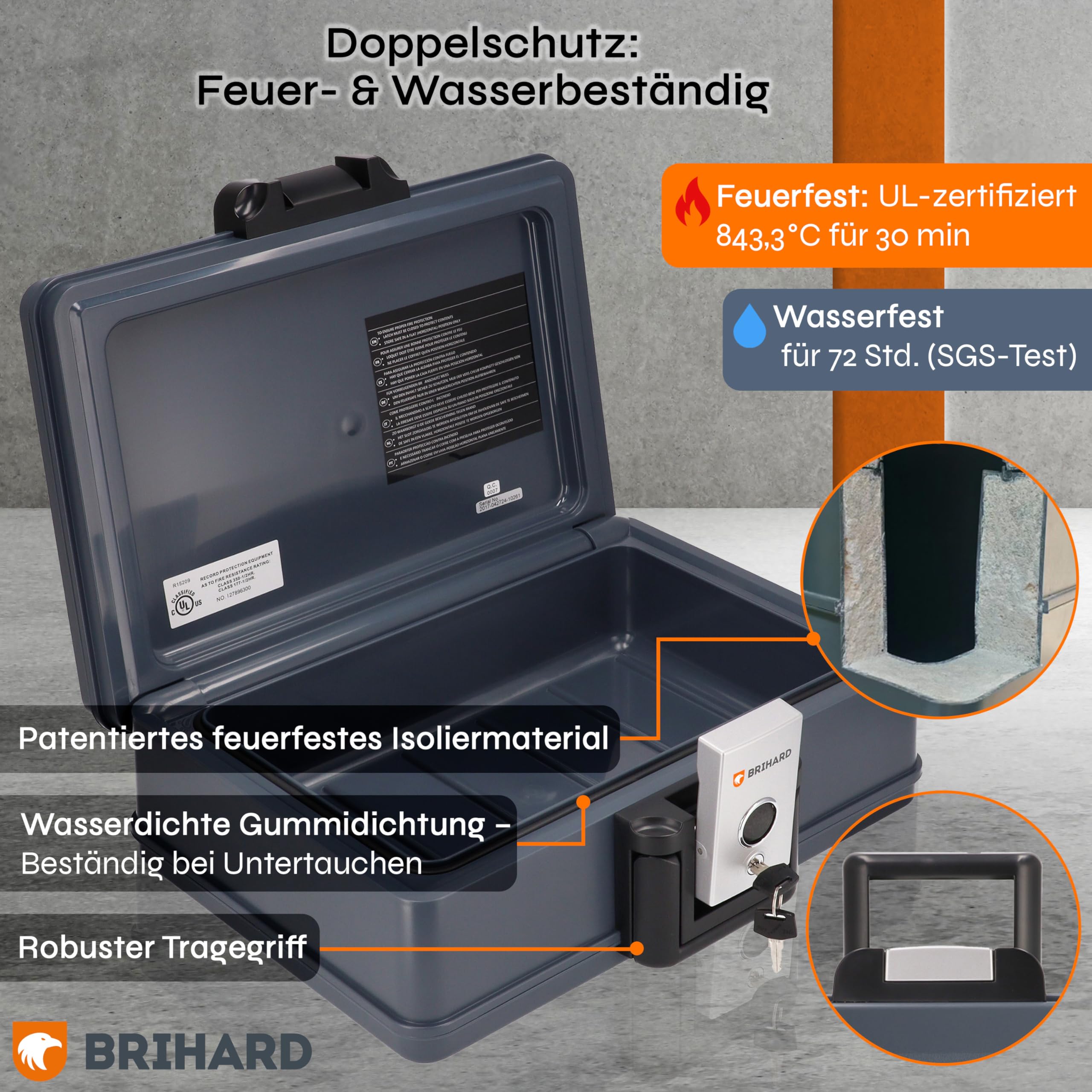 Zertifizierte Feuerfeste Dokumentenbox 2017 A4, Safe Tresor Feuerfest Wasserdicht mit Schlüssel, Feuerfeste Box für Geld & Dokumente, Tragbarer Safe Box mit Griff H 15,5 x B 40,7 x T 32,1 cm