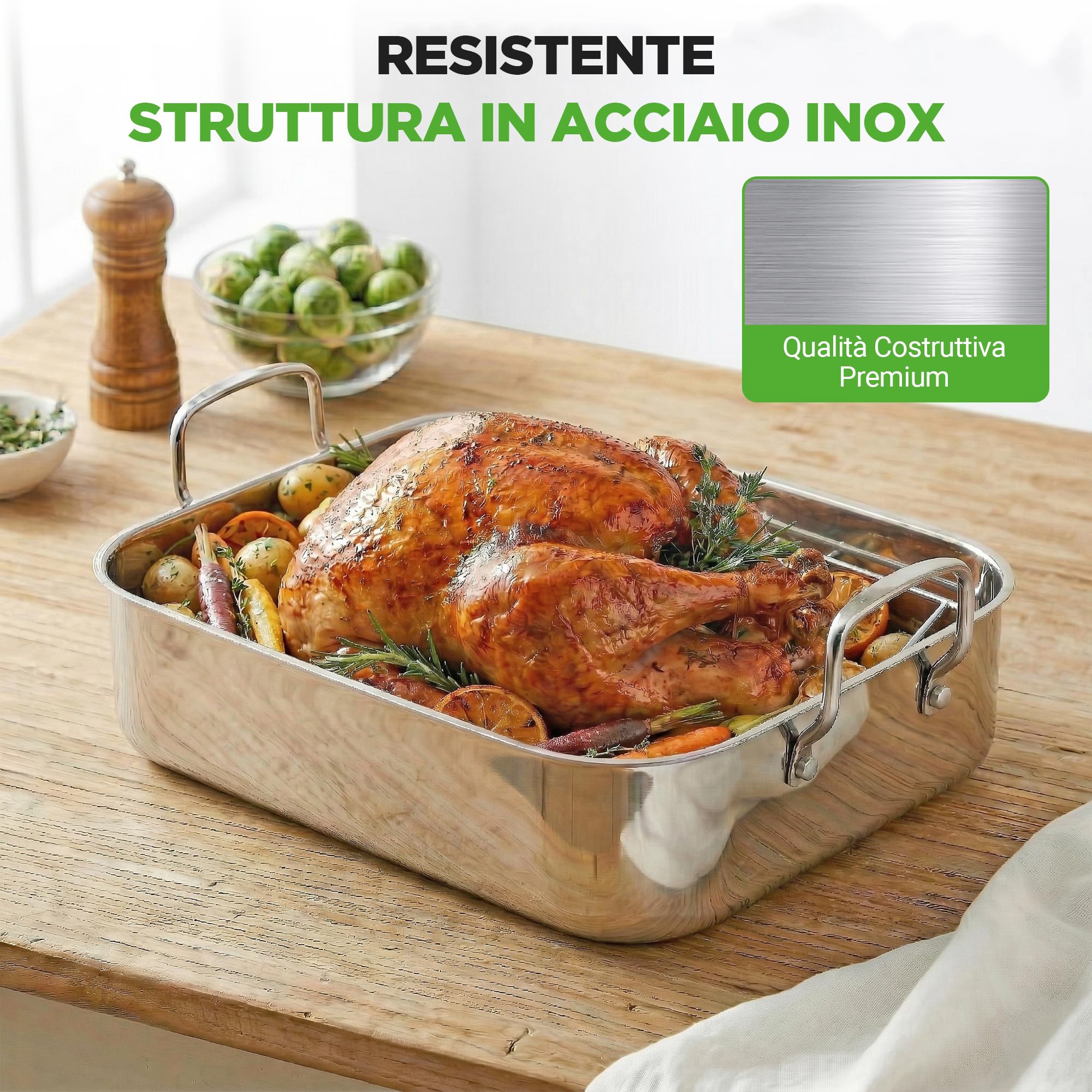 NutriChef Teglia Forno e Teglia Forno Rettangolare con Griglia Lucidata, Manici Larghi e Coperchio in Acciaio Inox, Ideale per Arrosti, Cene di Ringraziamento e Piatti Profondi