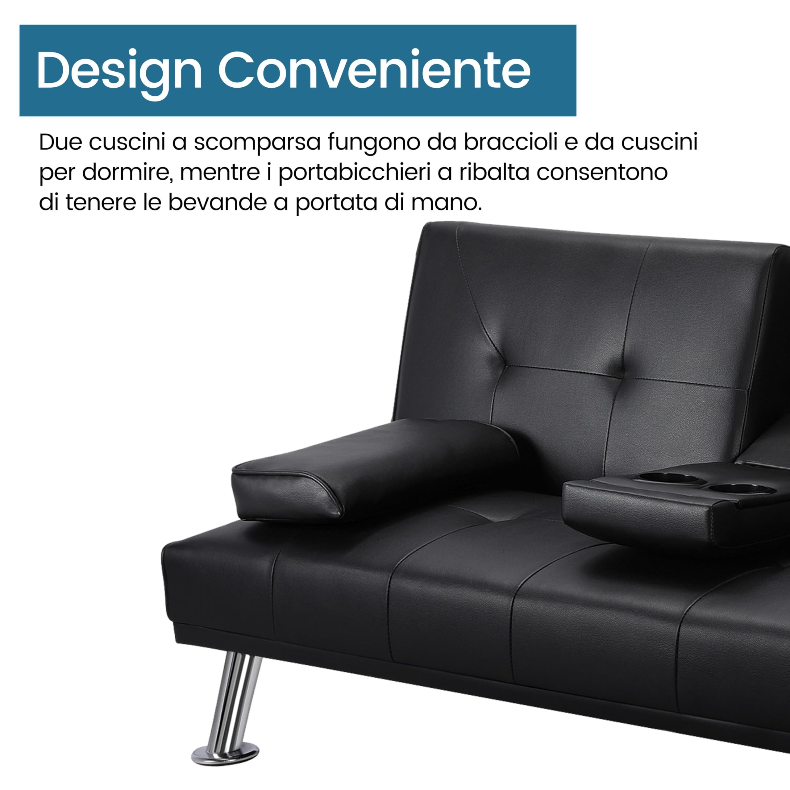 Yaheetech Divano Letto con 2 Cuscini Mobile in Ecopelle Divano Convertibile in Letto Arredamento Pieghevole 3 in 1 con Supporto Centrale Porta Bicchieri 167 × 81,5 × 75 cm da Soggiorno Nero