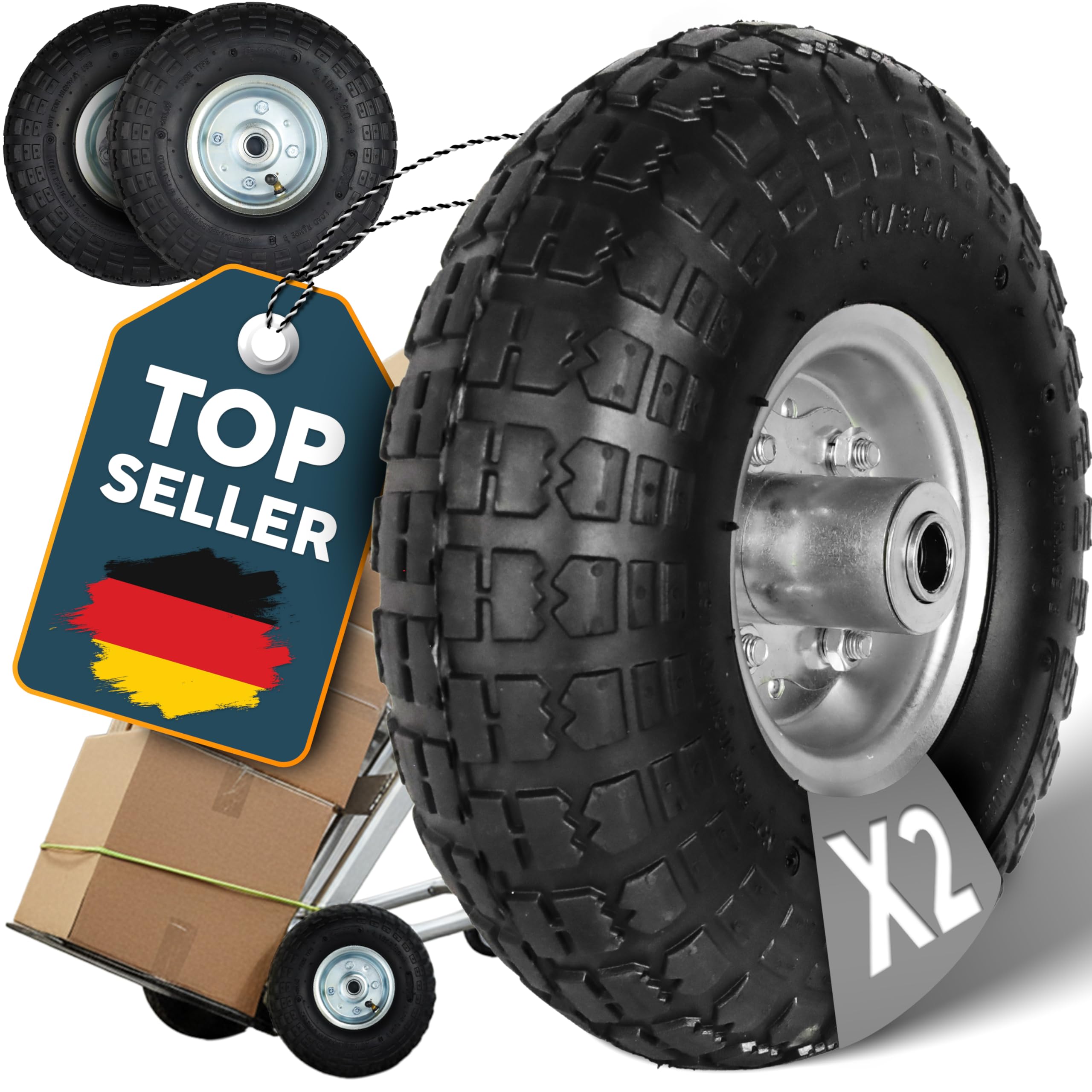 FROSAL Luftrad 260 mm 4.10/3.50-4 – Ersatzrad für Bollerwagen, Sackkarre, Transportwagen – Ø 260×85 mm – Achse Ø16 mm Nabenlänge 55 mm – Stahlfelge silber Ø120 mm – Kugellager – luftgefüllt – 2er Set