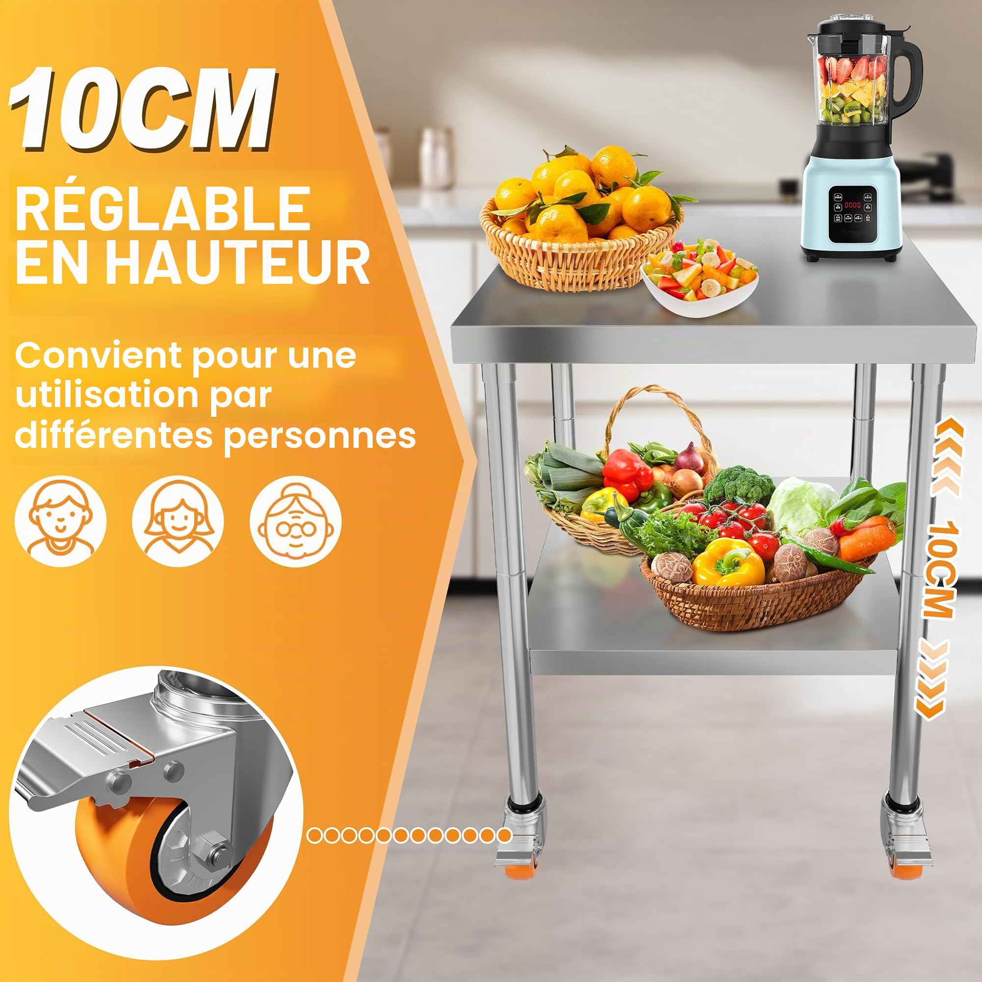 UISEBRT Table de travail en acier inoxydable, 4 roulettes pivotantes avec freins, Table de préparation/table de cuisine avec hauteur réglable, pieds, Table de découpe capacité de charge 300 kg pour