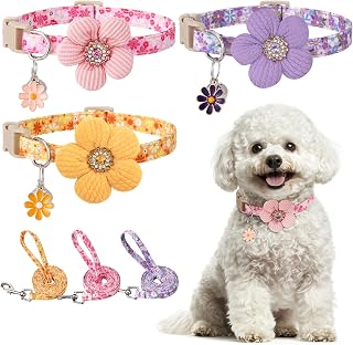 Welpenhalsbänder und Leine Set, 3 Stück, Verstellbar, 1cm Breit | Hundehalsband mit Glocke, Blumen-Design, Nylon, Für Welpen Kleine Mittlere Hunde