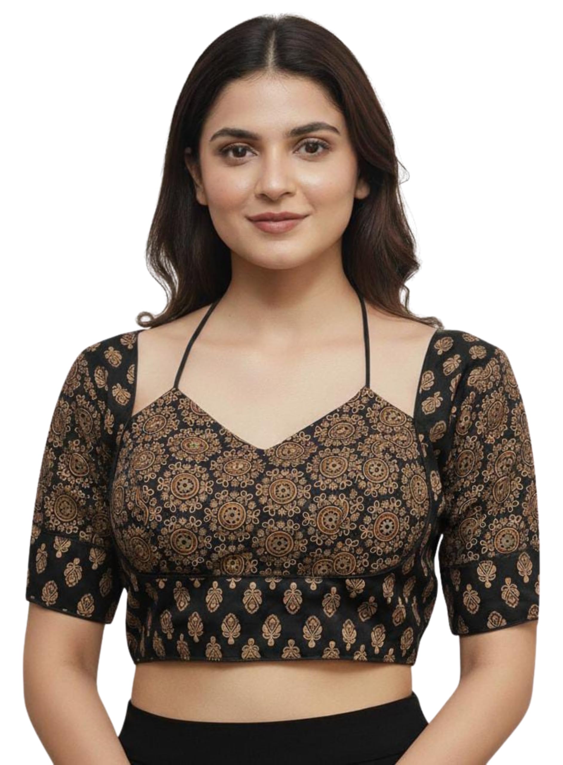Women's Ready-to-Wear Pure Ajrakh Cotton Blouse – Sabyasachi Style Halter Neck | Handcrafted Ajrakh Print | Padded,S Sleeves, Back Hook Closure | Size 38 (Alterable 36–40)