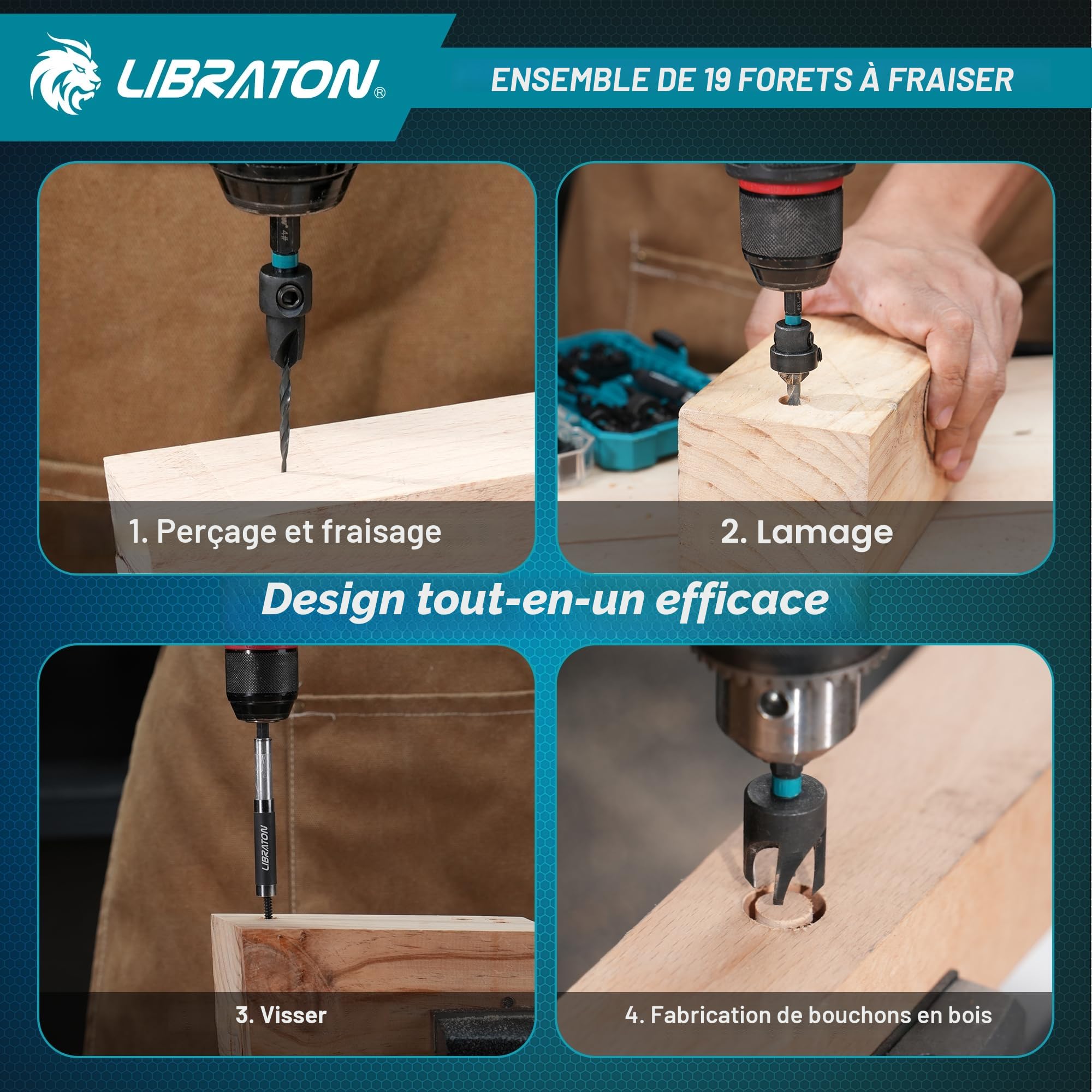 Libraton Ensemble de Forets Coniques, 19 Pièces Mèches Coniques pour Bois, Fraise à Lamage, Coupe-Bouchons en Bois, Porte-Embout Extensible 1/4" Hexagonal avec Boîtier de Rangement