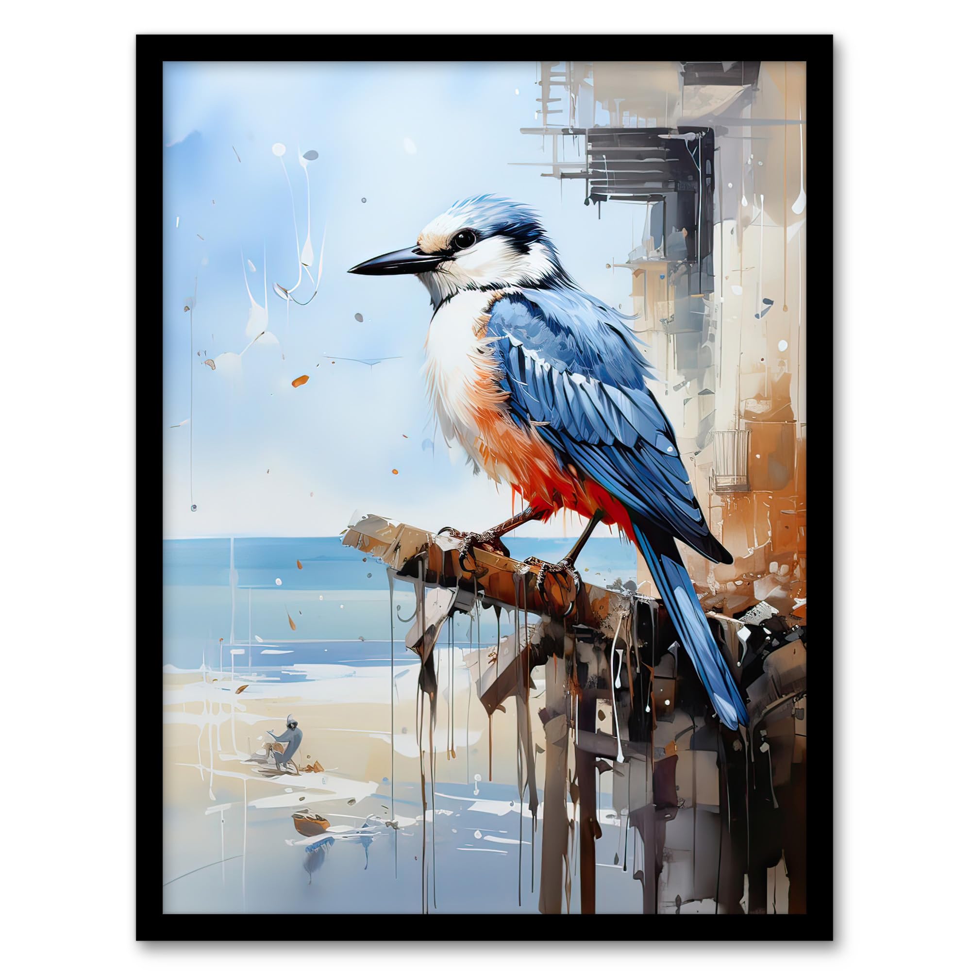 Artery8 Bird by the Beach Kingfisher Portrait Oil Painting Artwork Framed Wall Art Print A4