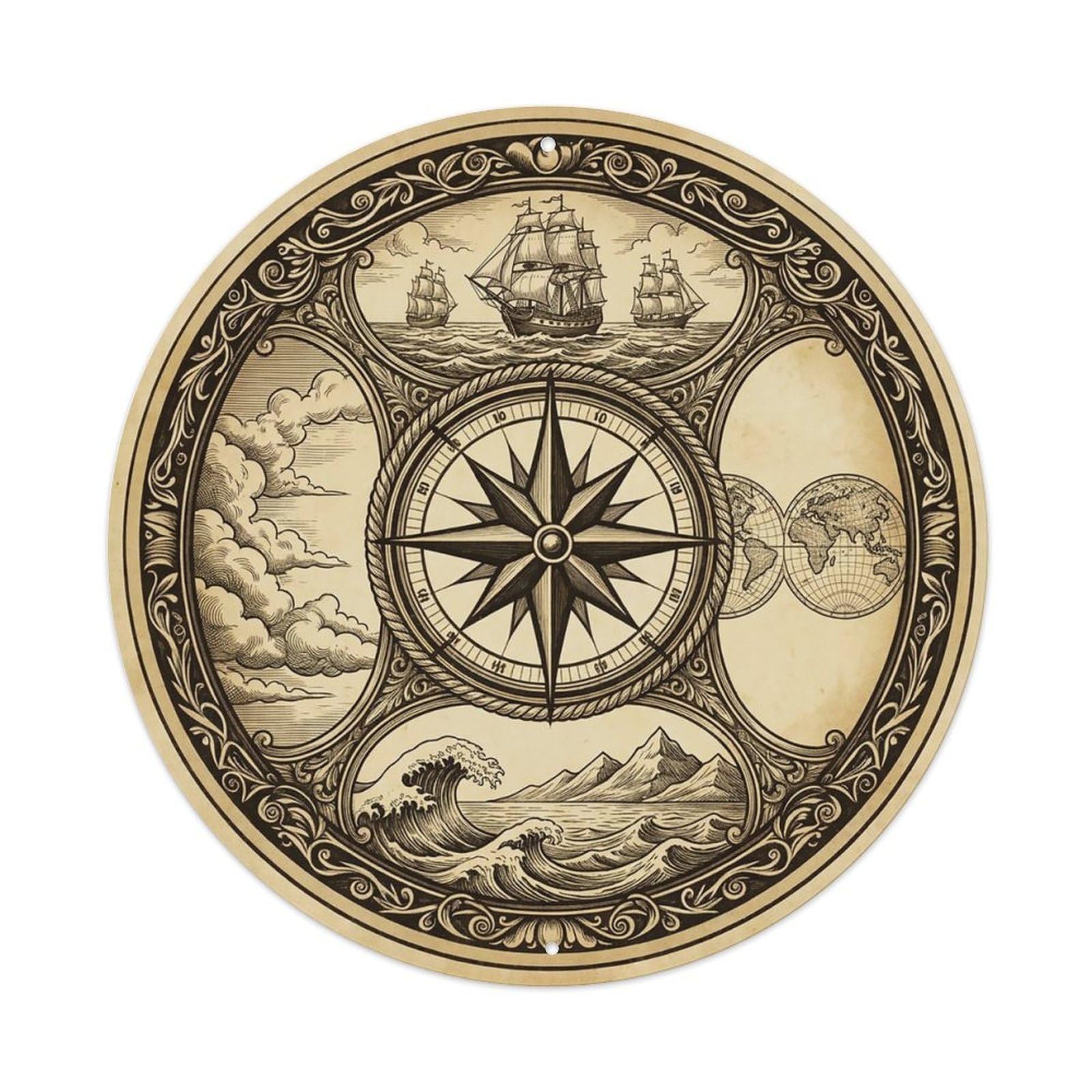 Vintage Nautical Compass World Map Tidewater Chronicle Metal Tin Sign